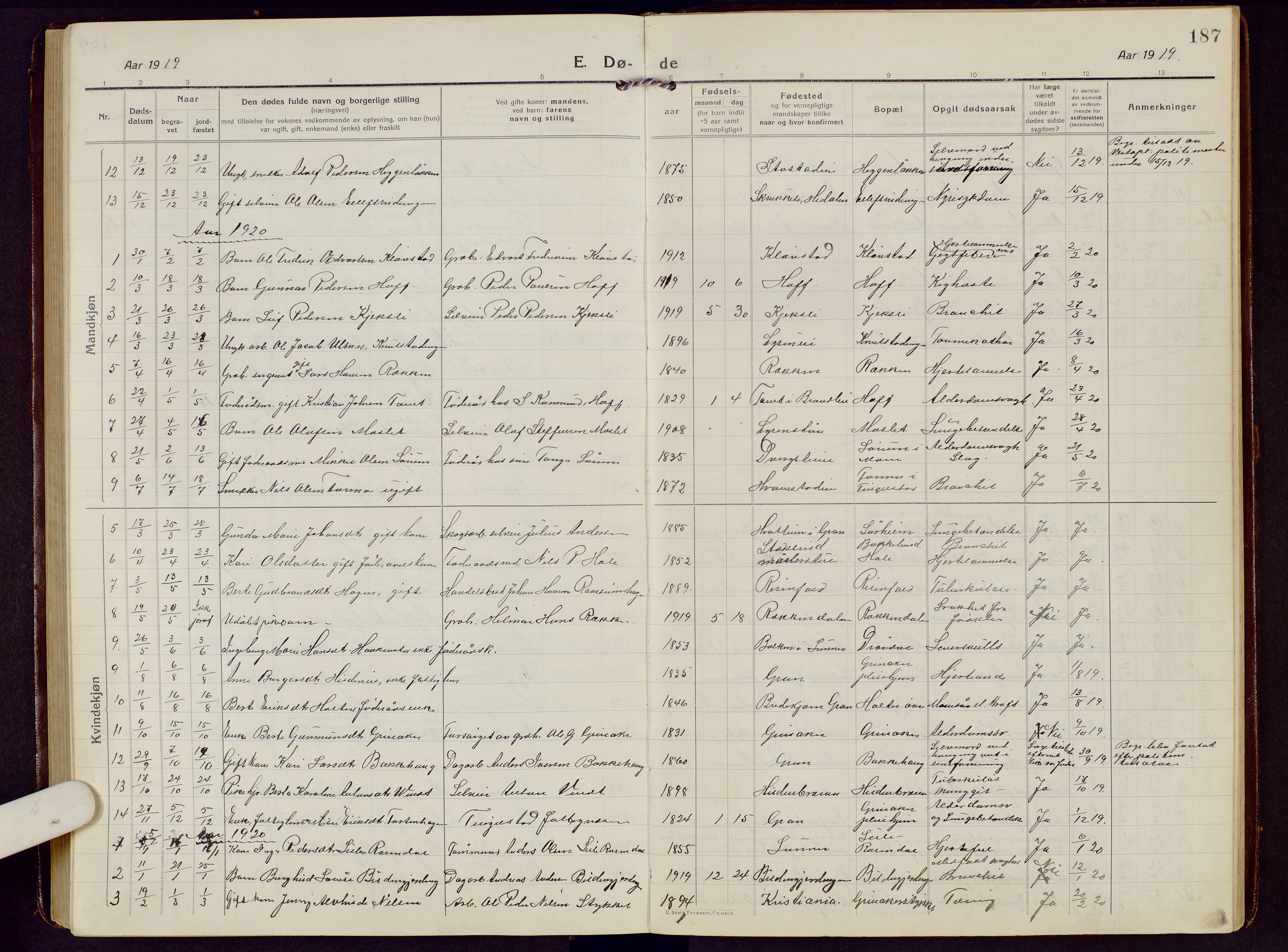 Brandbu prestekontor, SAH/PREST-114/H/Ha/Hab/L0010: Parish register (copy) no. 10, 1916-1930, p. 187