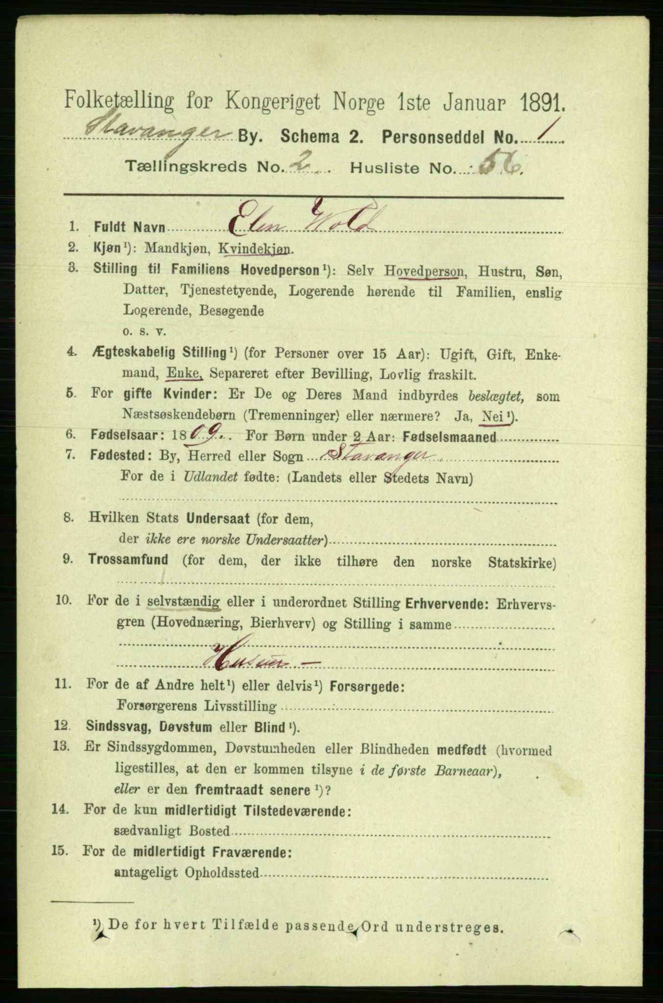 RA, 1891 census for 1103 Stavanger, 1891, p. 6398