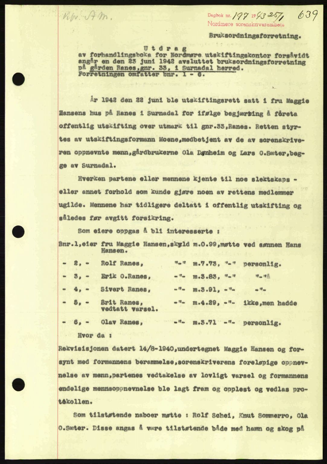 Nordmøre sorenskriveri, AV/SAT-A-4132/1/2/2Ca: Mortgage book no. A94, 1942-1943, Diary no: : 197/1943