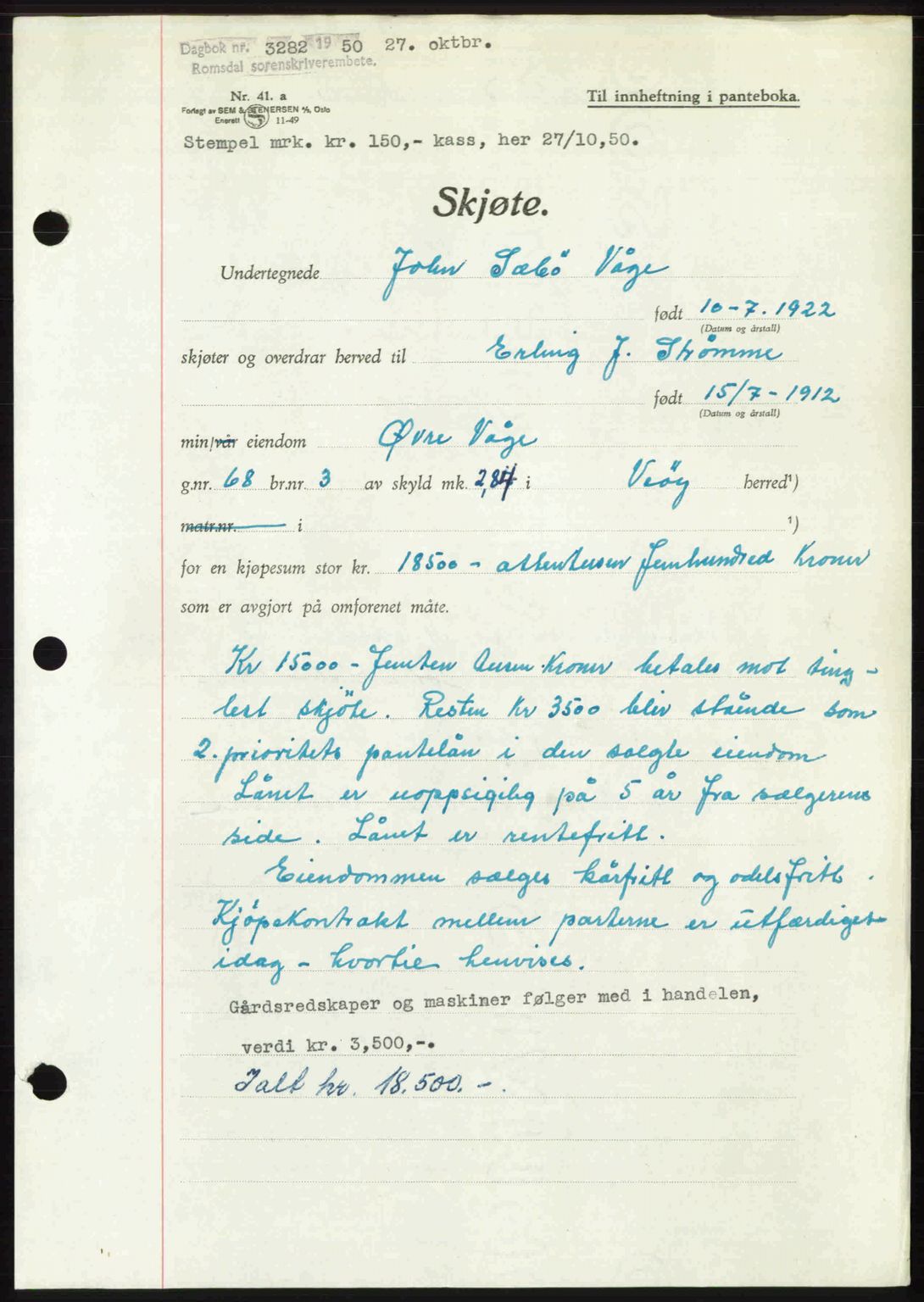 Romsdal sorenskriveri, AV/SAT-A-4149/1/2/2C: Mortgage book no. A34, 1950-1950, Diary no: : 3282/1950