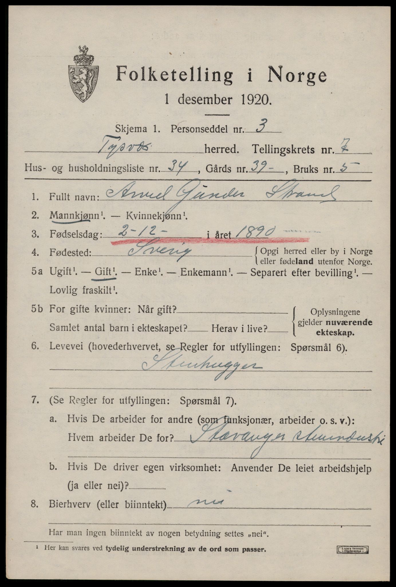 SAST, 1920 census for Tysvær, 1920, p. 2766