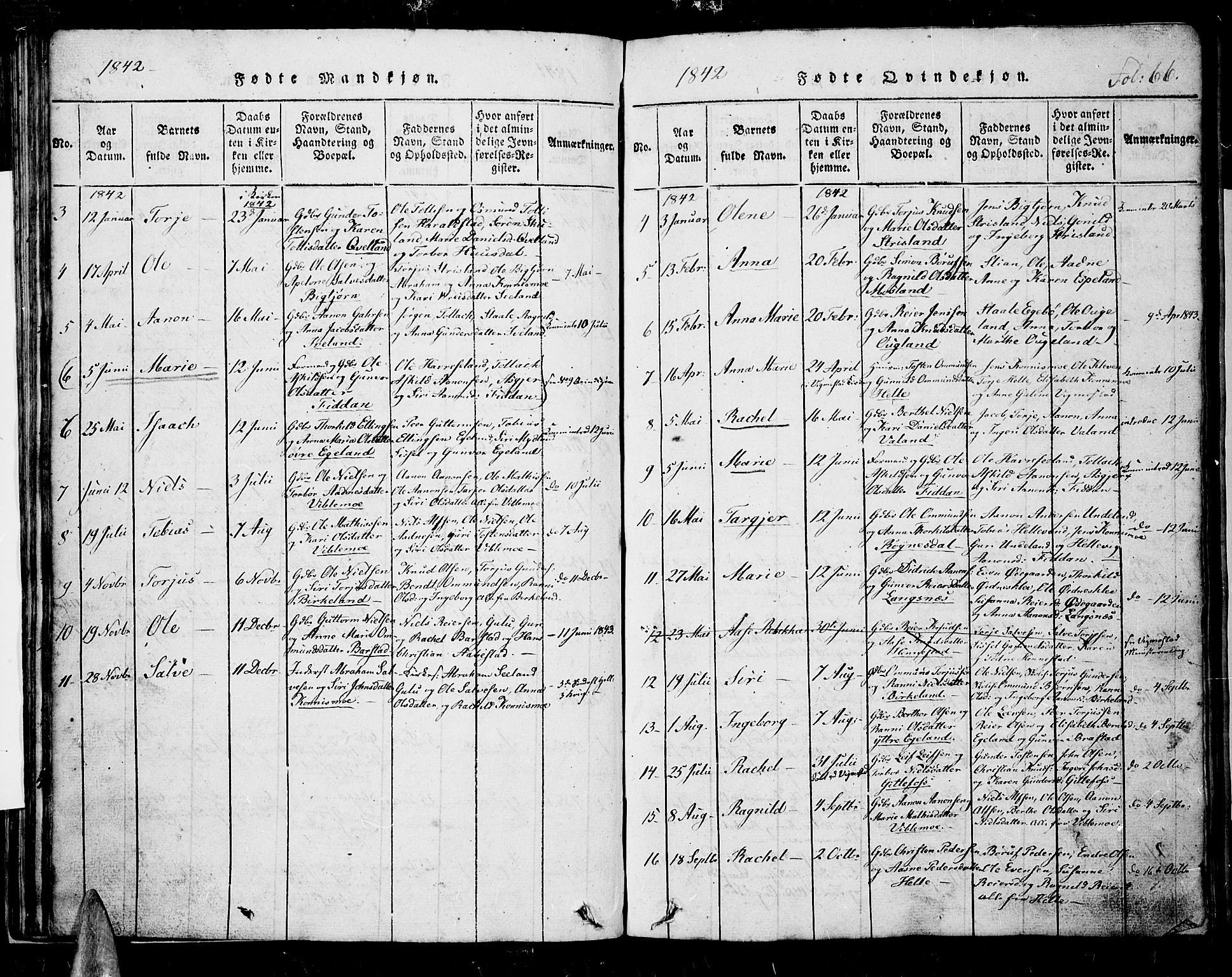 Nord-Audnedal sokneprestkontor, AV/SAK-1111-0032/F/Fb/Fba/L0001: Parish register (copy) no. B 1, 1815-1856, p. 66