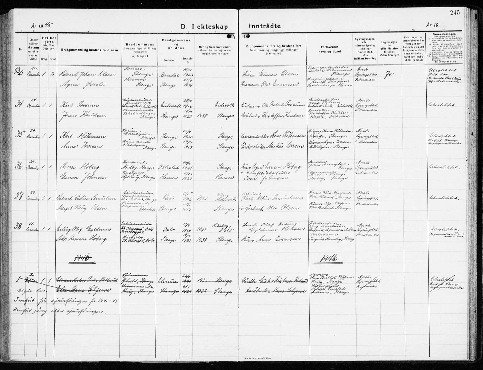 Stange prestekontor, AV/SAH-PREST-002/K/L0027: Parish register (official) no. 27, 1937-1947, p. 245