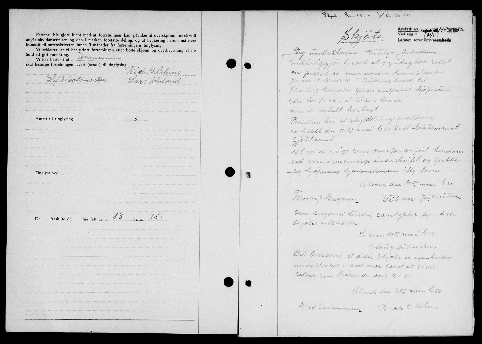 Lofoten sorenskriveri, SAT/A-0017/1/2/2C/L0023a: Mortgage book no. 23a, 1950-1950, Diary no: : 1447/1950