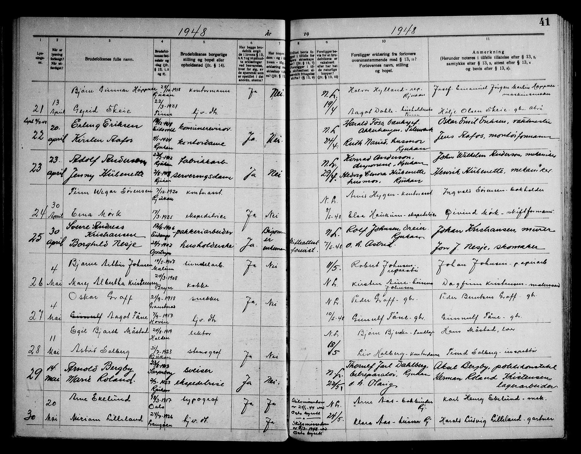 Rjukan kirkebøker, AV/SAKO-A-294/H/Ha/L0001: Banns register no. 1, 1939-1959, p. 41