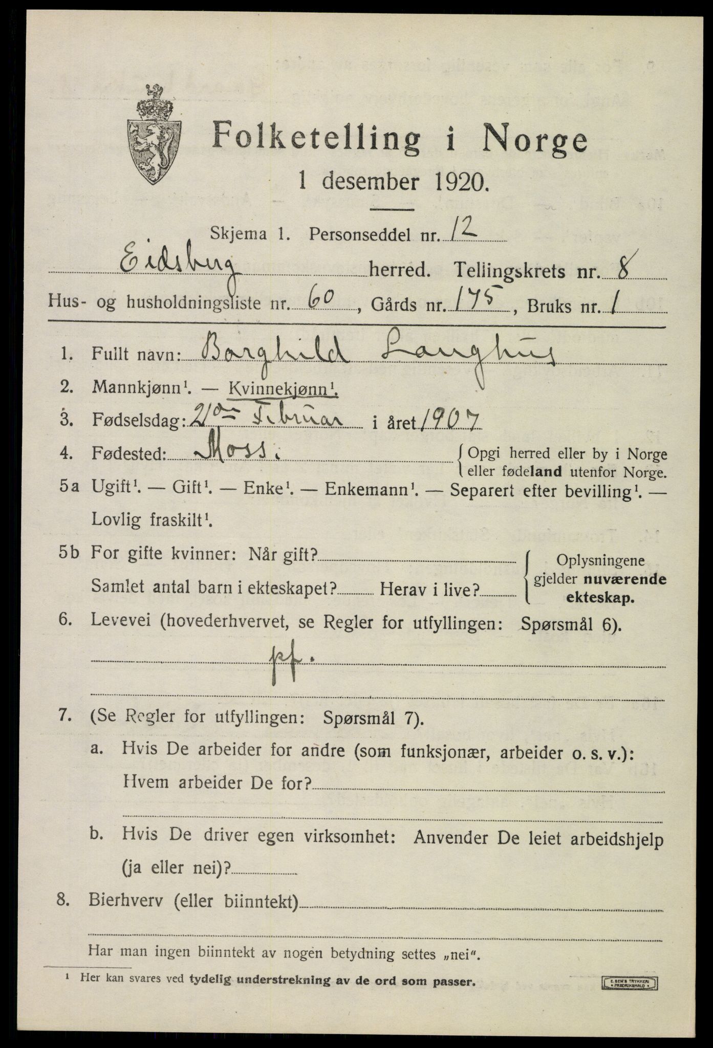 SAO, 1920 census for Eidsberg, 1920, p. 10453