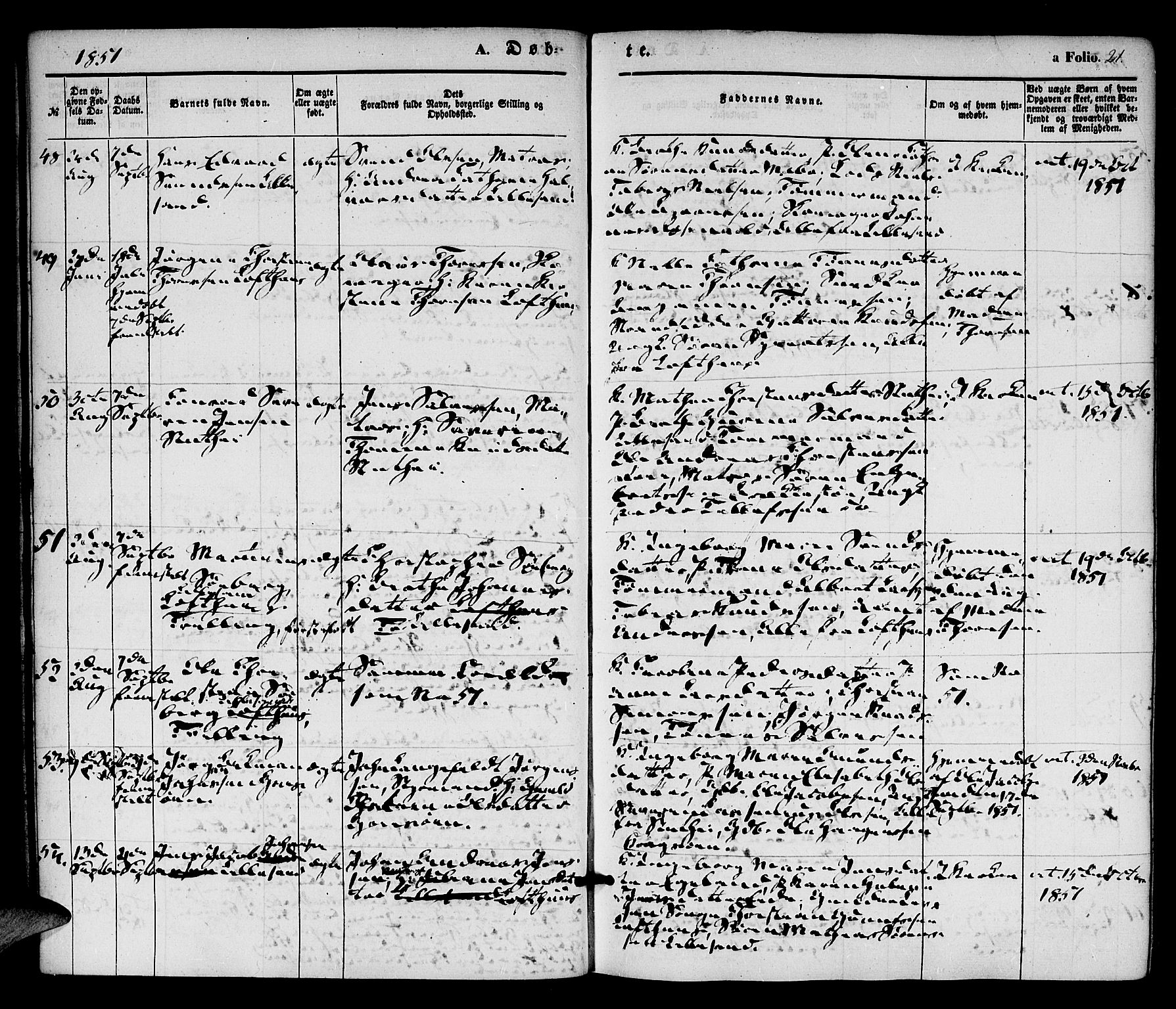 Vestre Moland sokneprestkontor, AV/SAK-1111-0046/F/Fa/Fab/L0006: Parish register (official) no. A 6, 1850-1858, p. 21