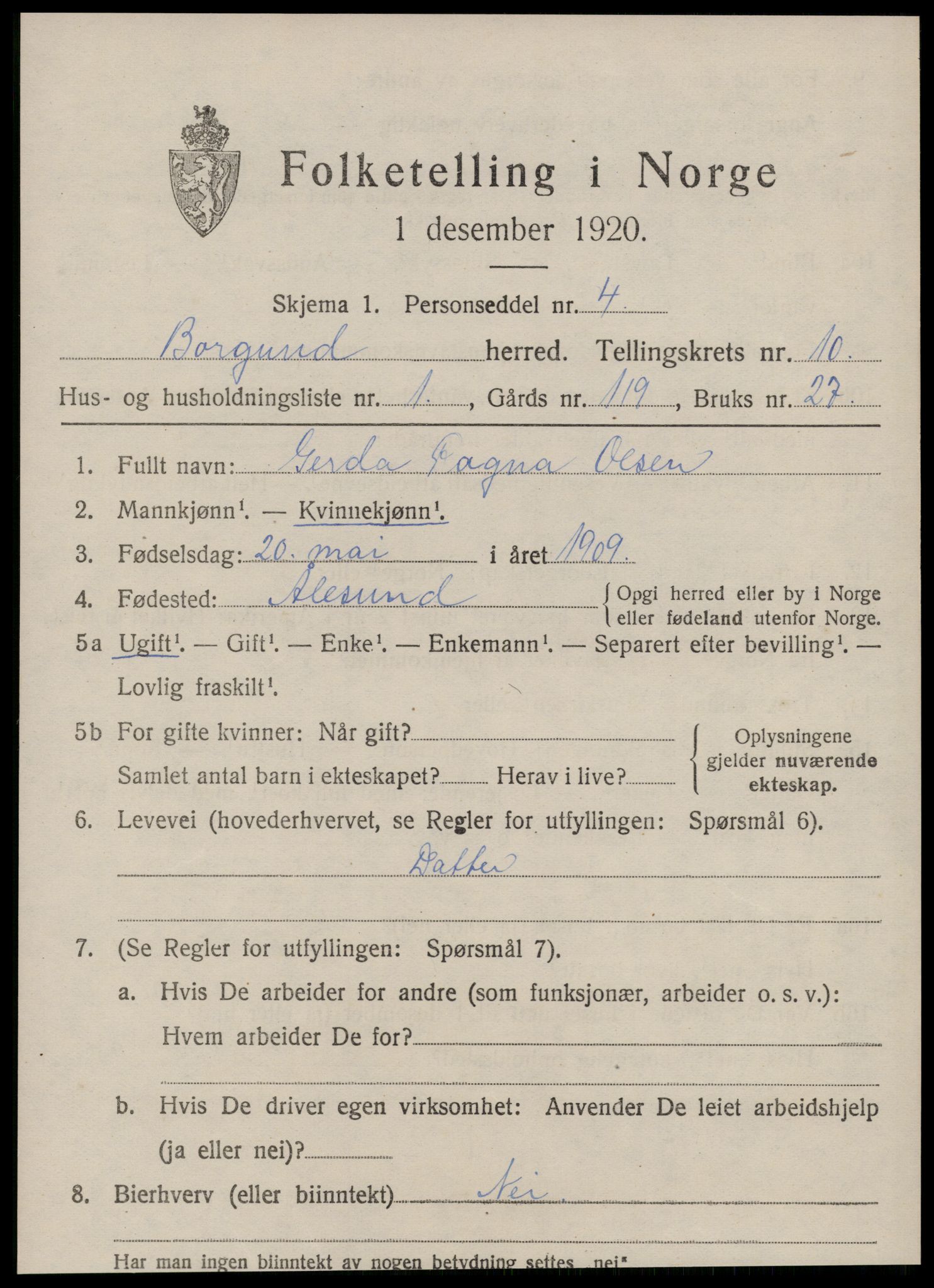 SAT, 1920 census for Borgund, 1920, p. 9118