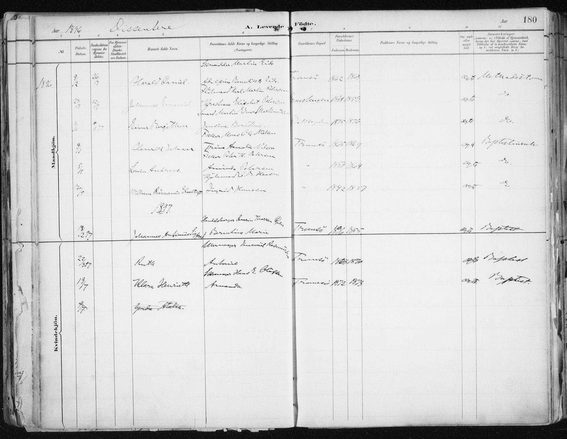 Tromsø sokneprestkontor/stiftsprosti/domprosti, SATØ/S-1343/G/Ga/L0015kirke: Parish register (official) no. 15, 1889-1899, p. 180