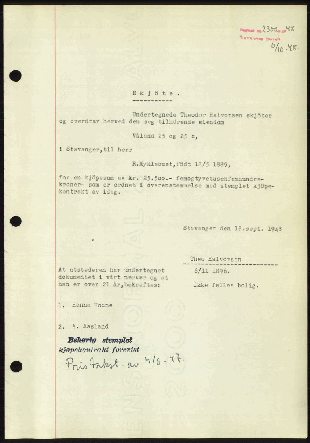 Stavanger byrett, SAST/A-100455/002/G/Gb/L0023: Mortgage book no. A12, 1948-1949, Diary no: : 2300/1948
