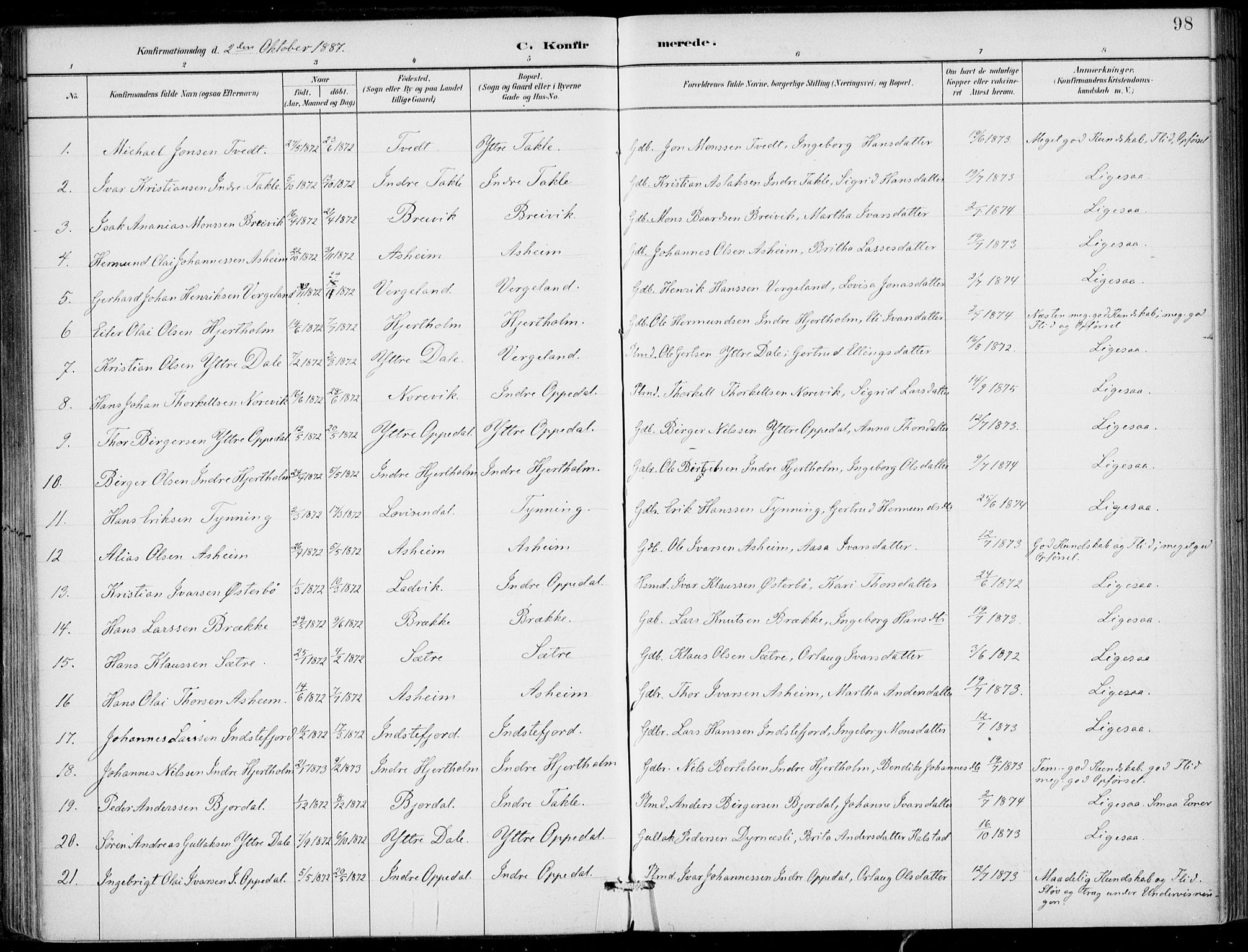 Gulen sokneprestembete, AV/SAB-A-80201/H/Haa/Haac/L0002: Parish register (official) no. C  2, 1882-1914, p. 98