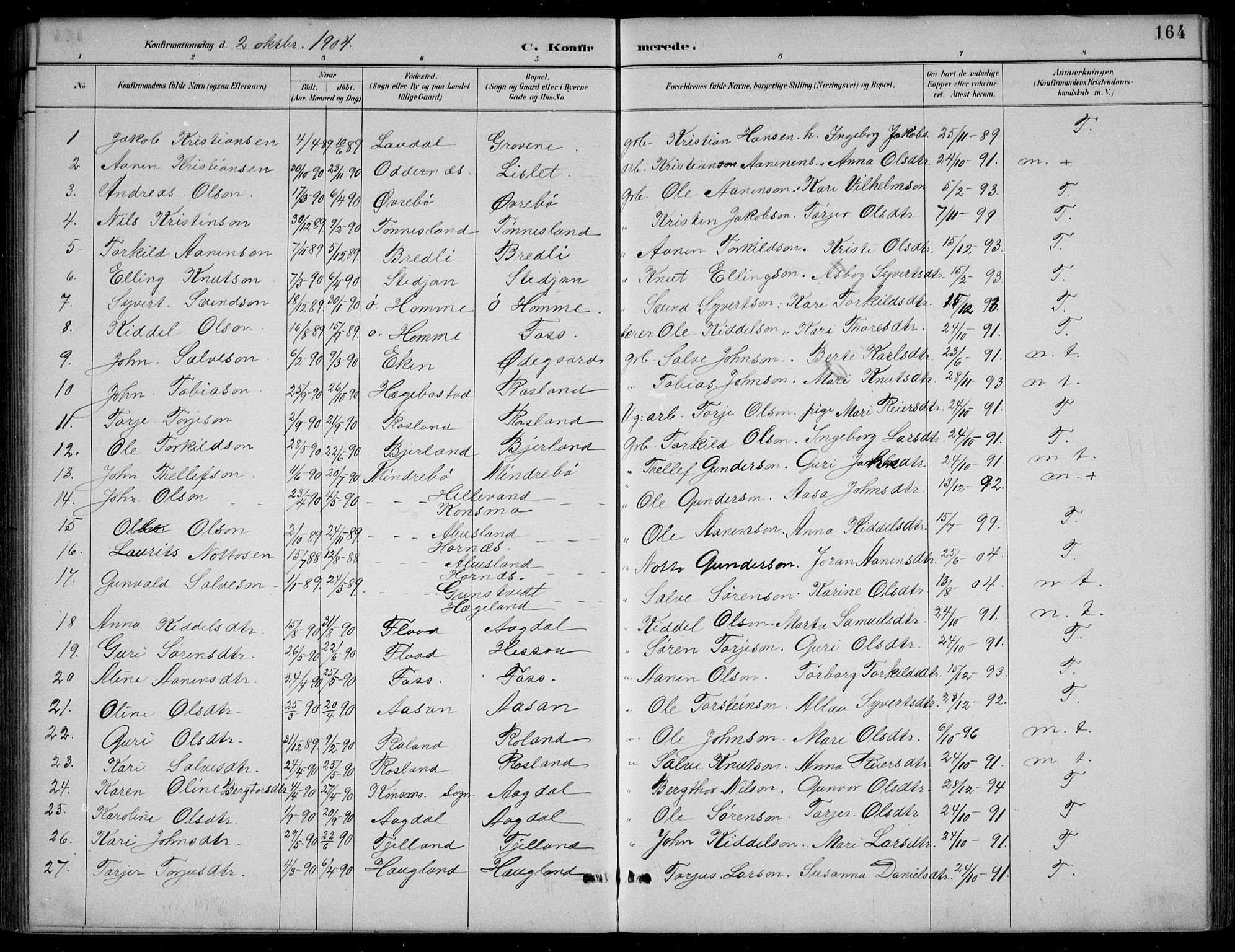Bjelland sokneprestkontor, SAK/1111-0005/F/Fb/Fba/L0005: Parish register (copy) no. B 5, 1887-1923, p. 164