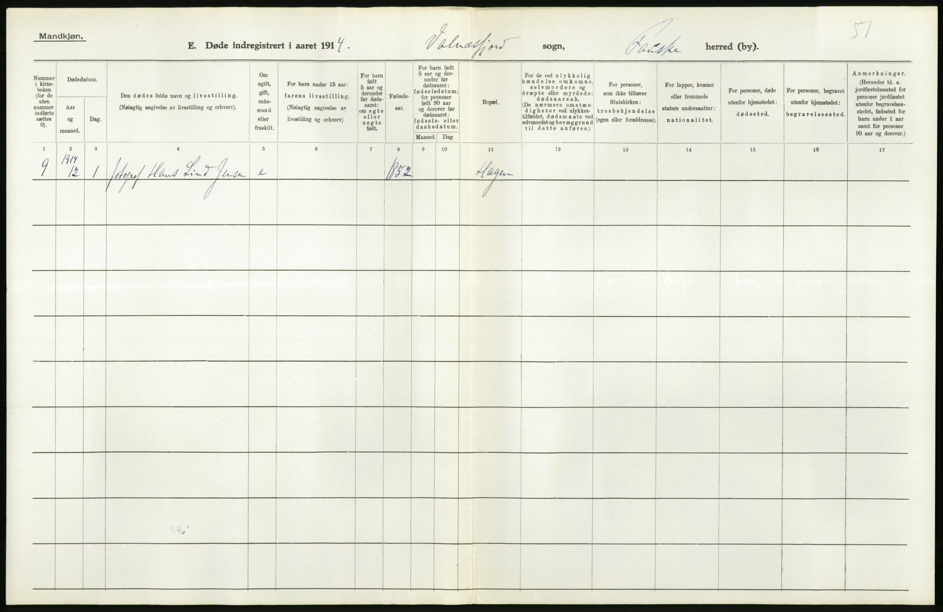 Statistisk sentralbyrå, Sosiodemografiske emner, Befolkning, AV/RA-S-2228/D/Df/Dfb/Dfbd/L0045: Nordlands amt: Døde. Bygder og byer., 1914, p. 30