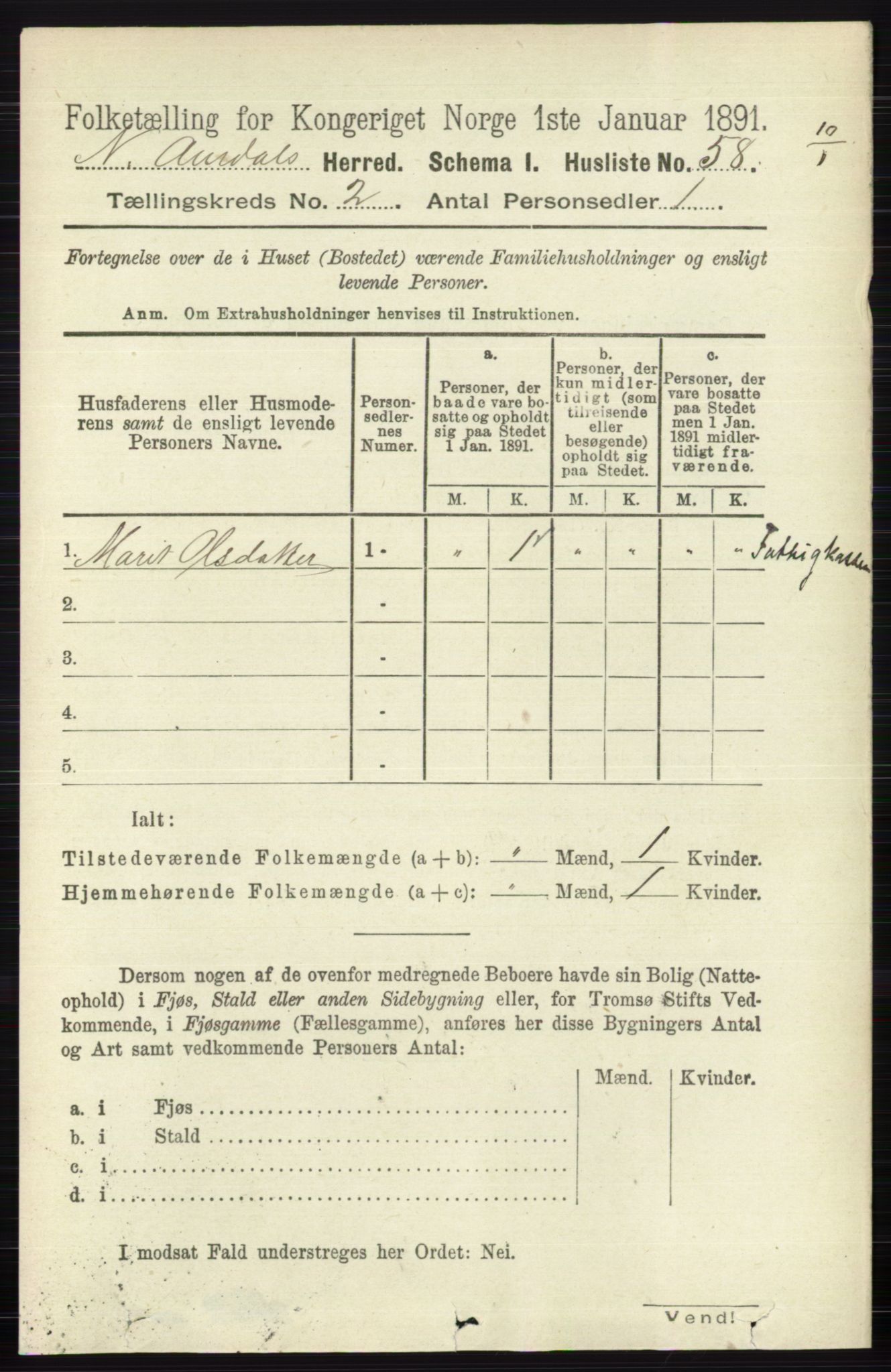 RA, 1891 census for 0542 Nord-Aurdal, 1891, p. 589