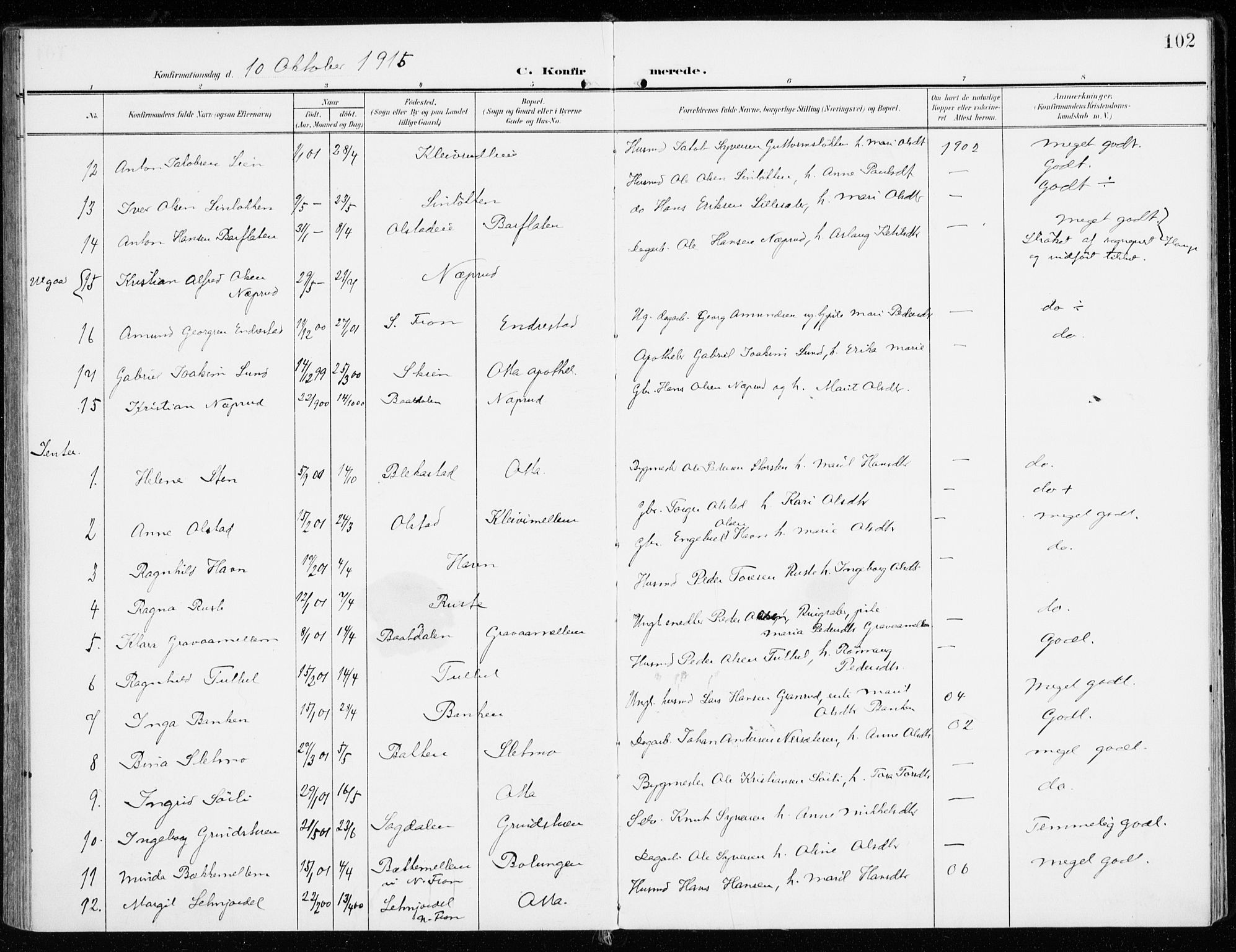 Sel prestekontor, AV/SAH-PREST-074/H/Ha/Haa/L0002: Parish register (official) no. 2, 1905-1919, p. 102