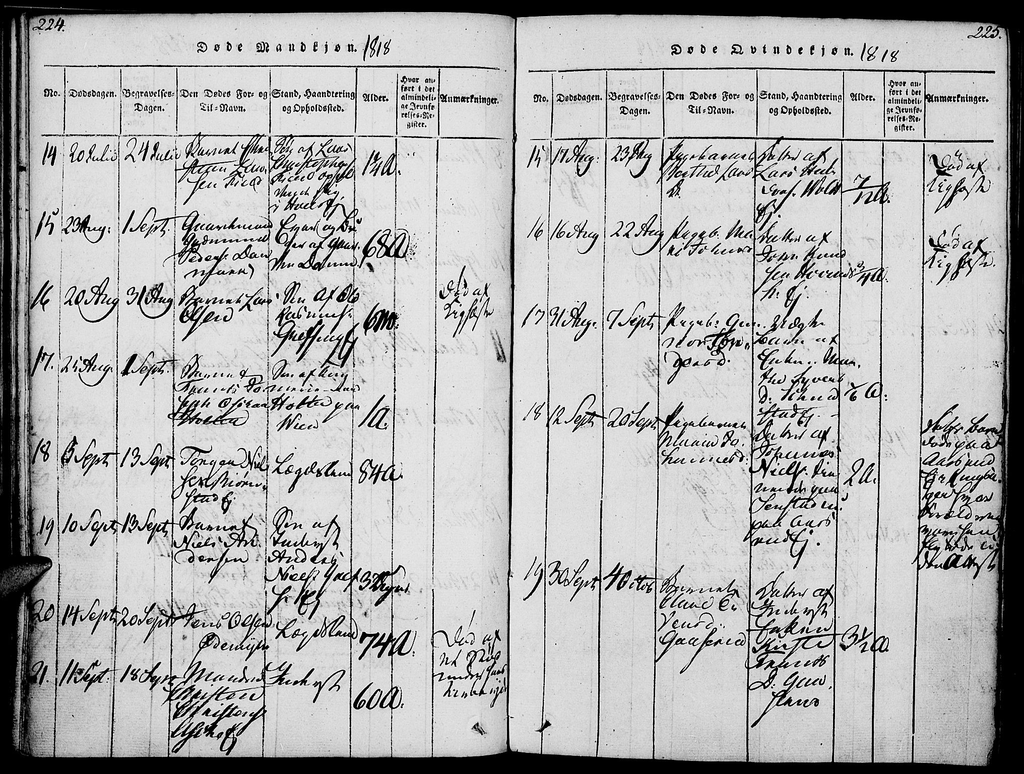 Nes prestekontor, Hedmark, SAH/PREST-020/K/Ka/L0002: Parish register (official) no. 2, 1813-1827, p. 224-225