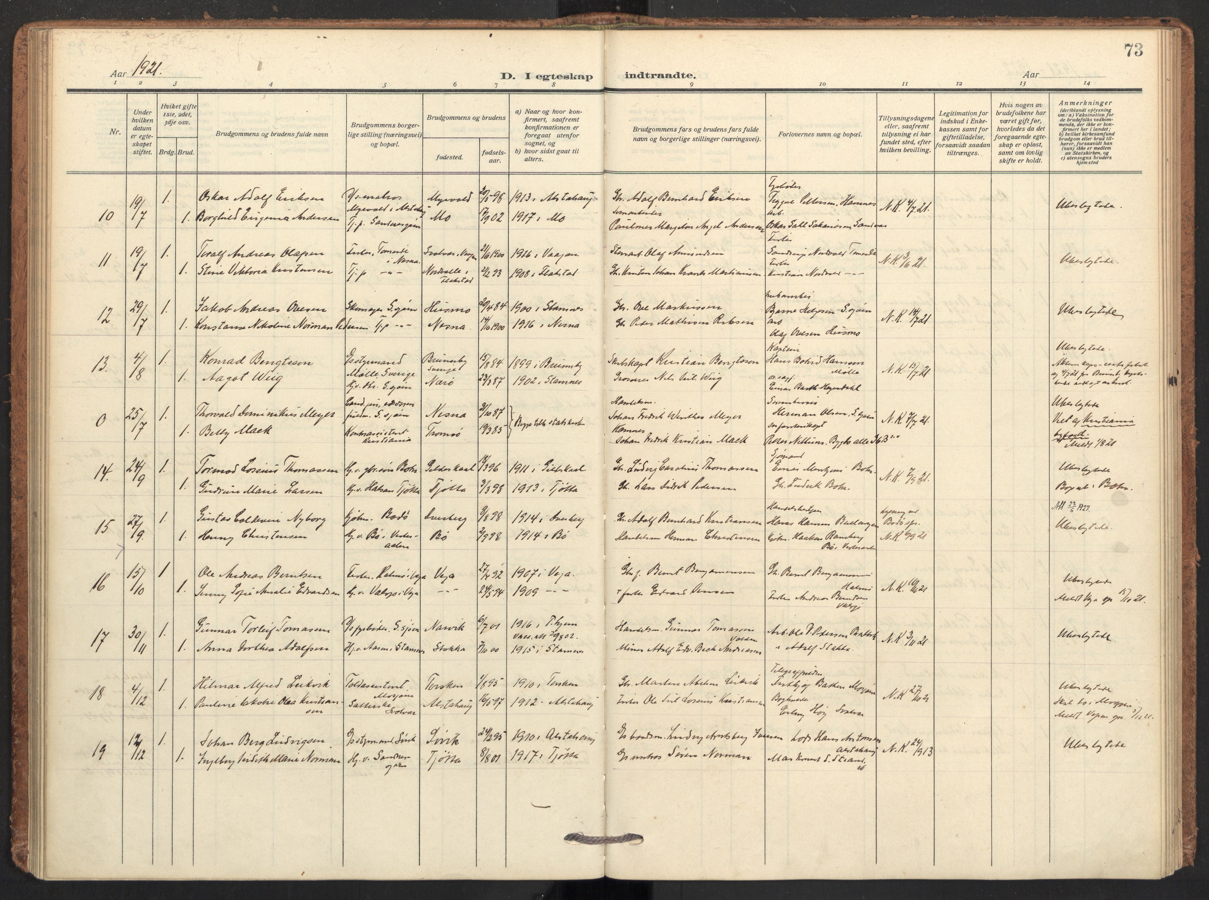 Ministerialprotokoller, klokkerbøker og fødselsregistre - Nordland, AV/SAT-A-1459/831/L0473: Parish register (official) no. 831A04, 1909-1934, p. 73