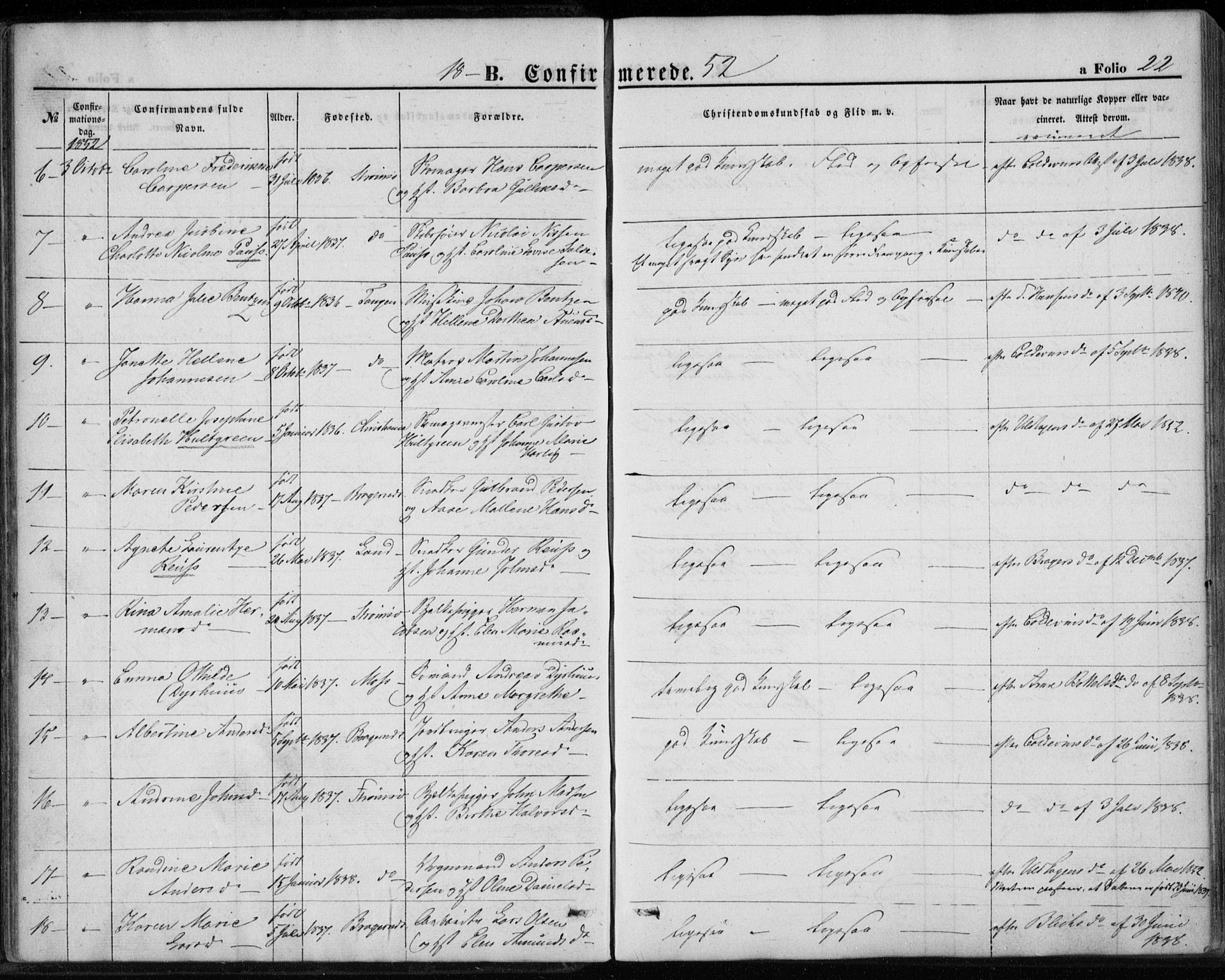 Strømsø kirkebøker, AV/SAKO-A-246/F/Fa/L0017: Parish register (official) no. I 17, 1848-1865, p. 22