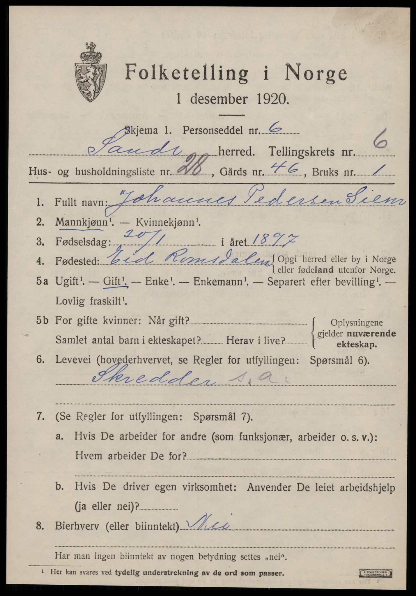 SAT, 1920 census for Sande (MR), 1920, p. 3904