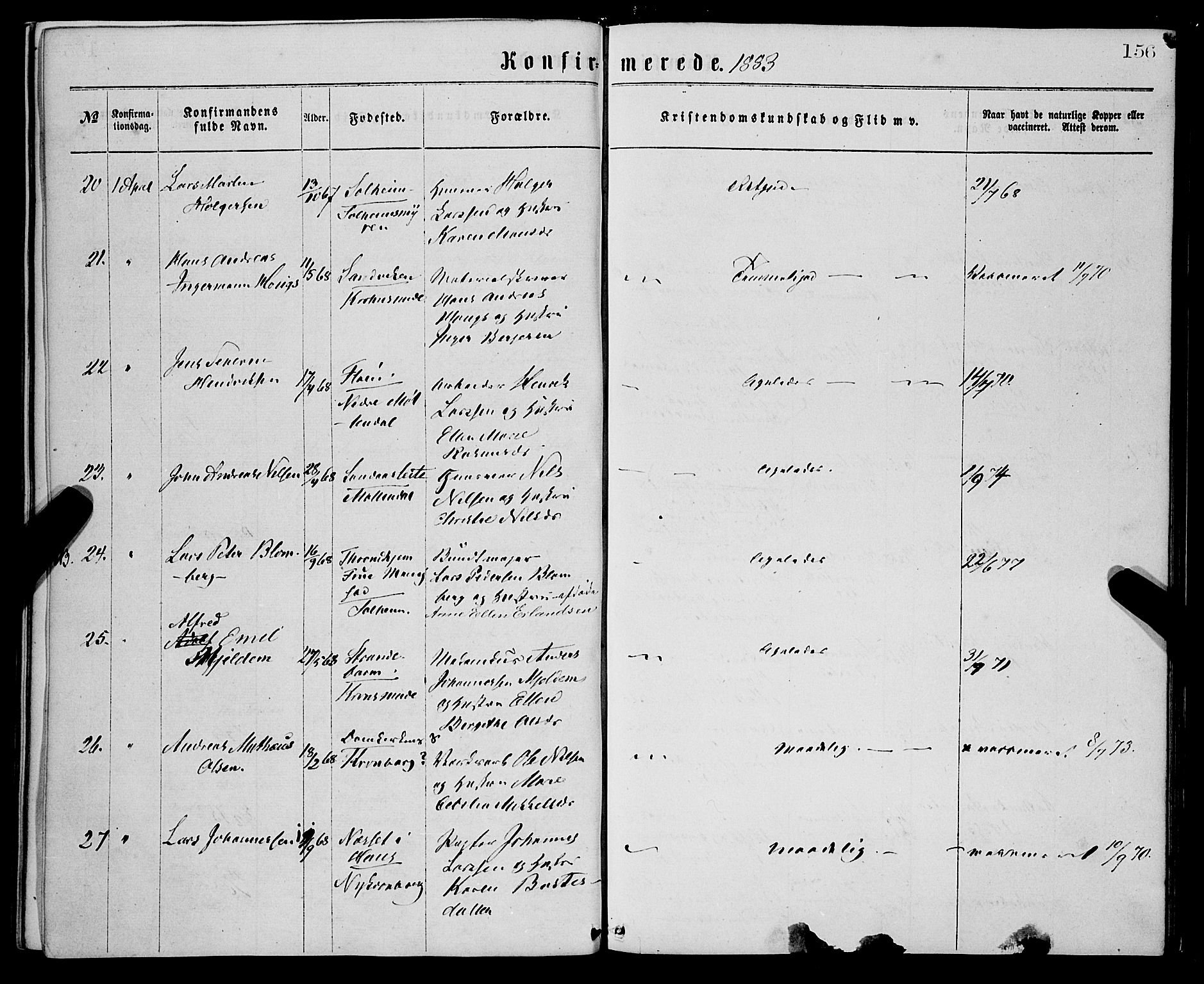 St. Jørgens hospital og Årstad sokneprestembete, SAB/A-99934: Parish register (official) no. A 8, 1864-1886, p. 156