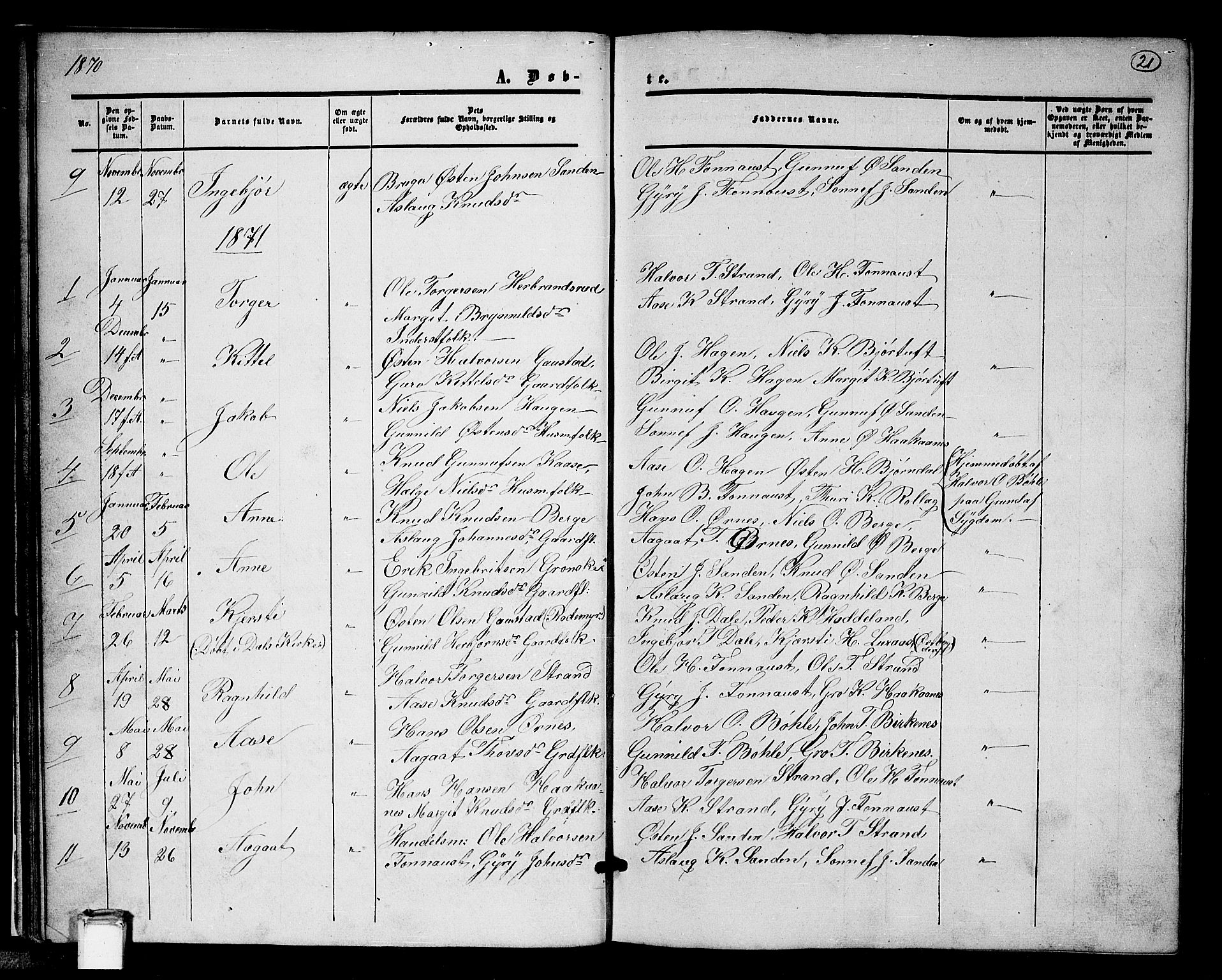 Tinn kirkebøker, SAKO/A-308/G/Gb/L0002: Parish register (copy) no. II 2, 1851-1886, p. 21