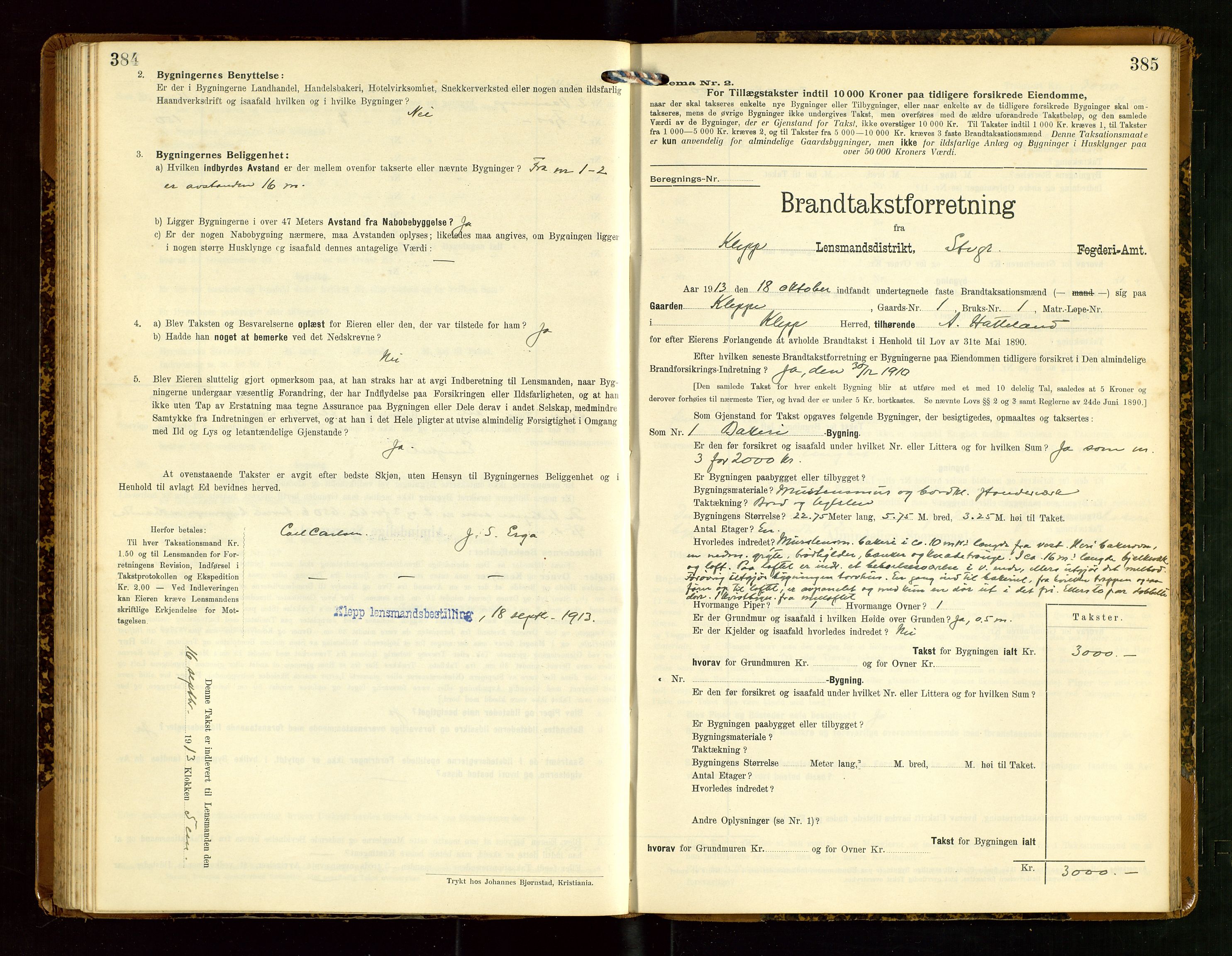 Klepp lensmannskontor, AV/SAST-A-100163/Goc/L0007: "Brandtaxationsprotokol" m/register, 1911-1915, p. 384-385