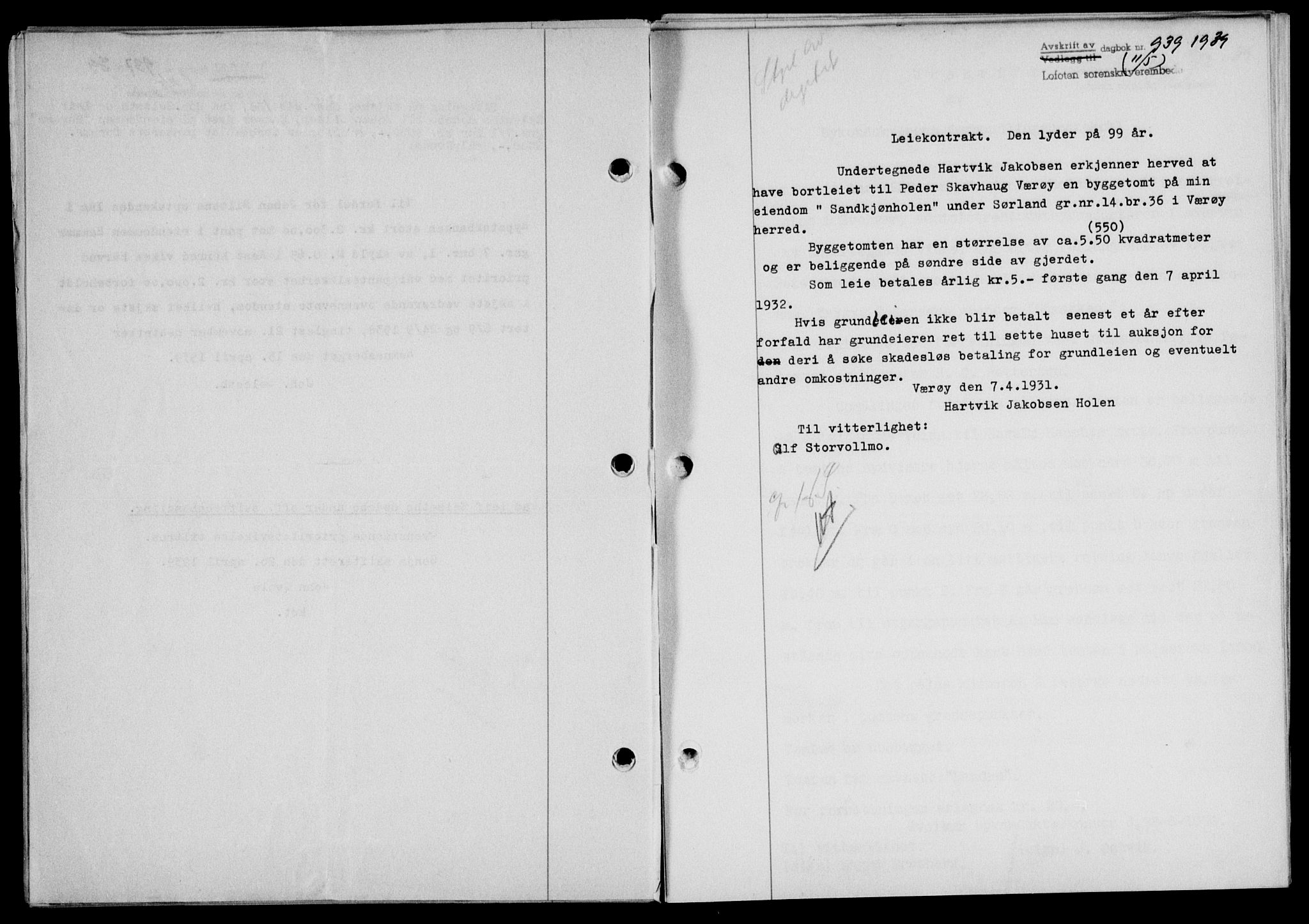 Lofoten sorenskriveri, SAT/A-0017/1/2/2C/L0005a: Mortgage book no. 5a, 1939-1939, Diary no: : 939/1939