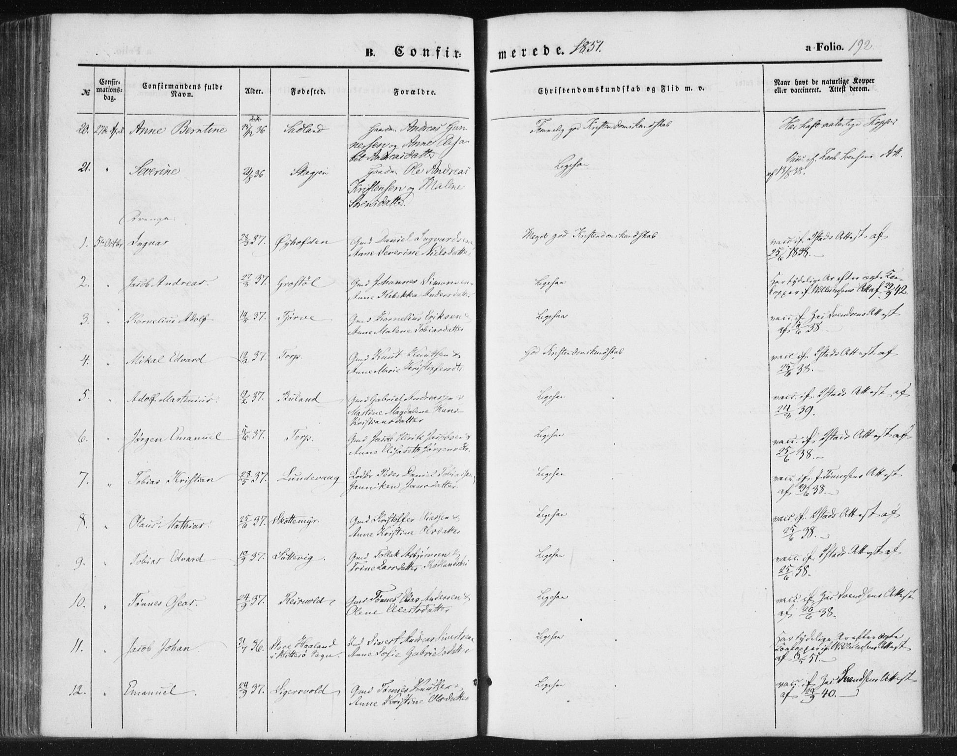 Lista sokneprestkontor, AV/SAK-1111-0027/F/Fa/L0010: Parish register (official) no. A 10, 1846-1861, p. 192