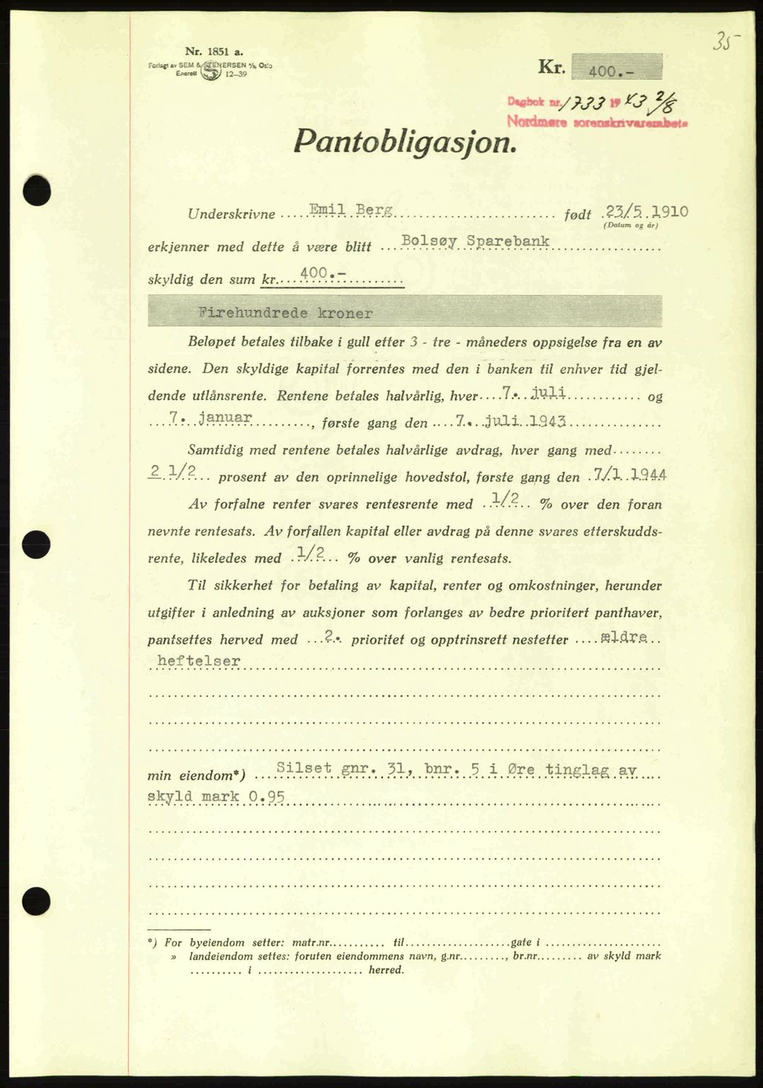 Nordmøre sorenskriveri, AV/SAT-A-4132/1/2/2Ca: Mortgage book no. B91, 1943-1944, Diary no: : 1733/1943