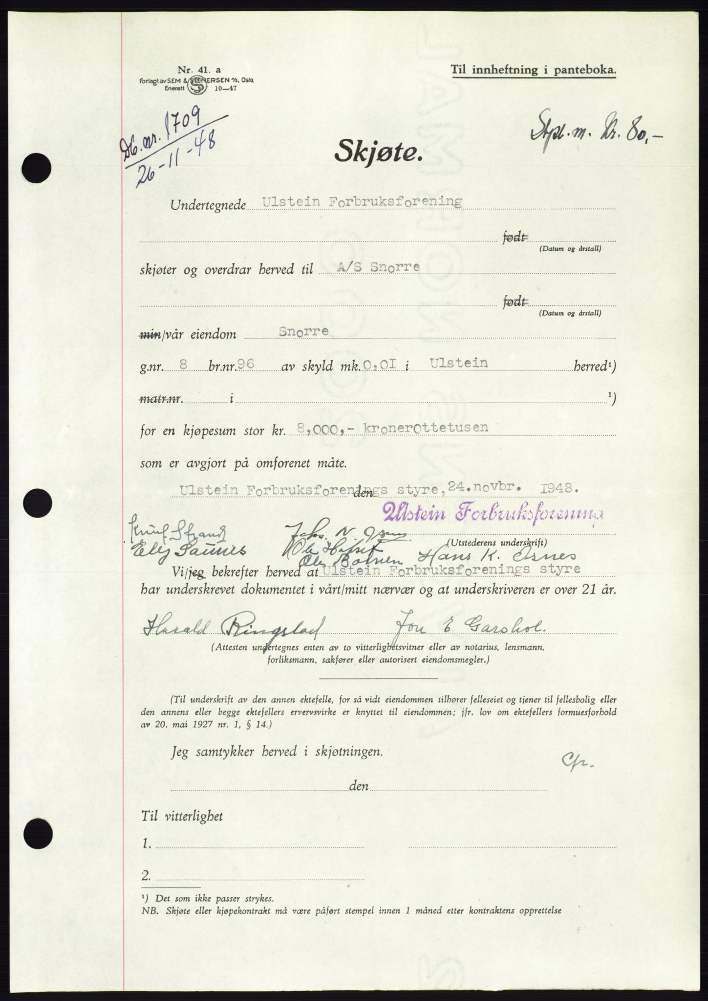 Søre Sunnmøre sorenskriveri, AV/SAT-A-4122/1/2/2C/L0083: Mortgage book no. 9A, 1948-1949, Diary no: : 1709/1948