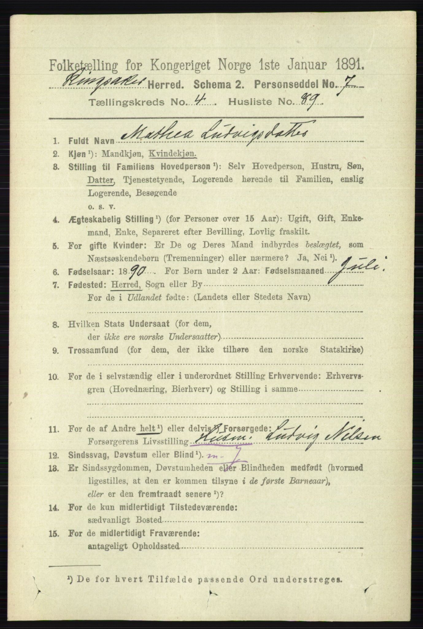 RA, 1891 census for 0412 Ringsaker, 1891, p. 2290