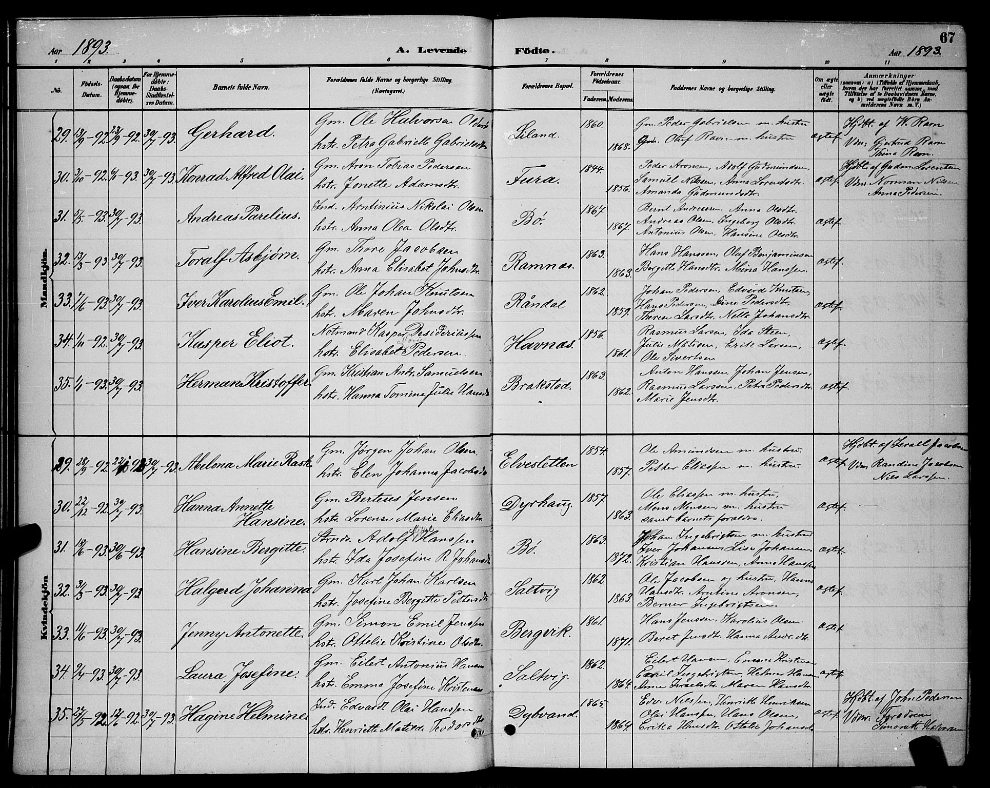 Ministerialprotokoller, klokkerbøker og fødselsregistre - Nordland, AV/SAT-A-1459/863/L0914: Parish register (copy) no. 863C04, 1886-1897, p. 67