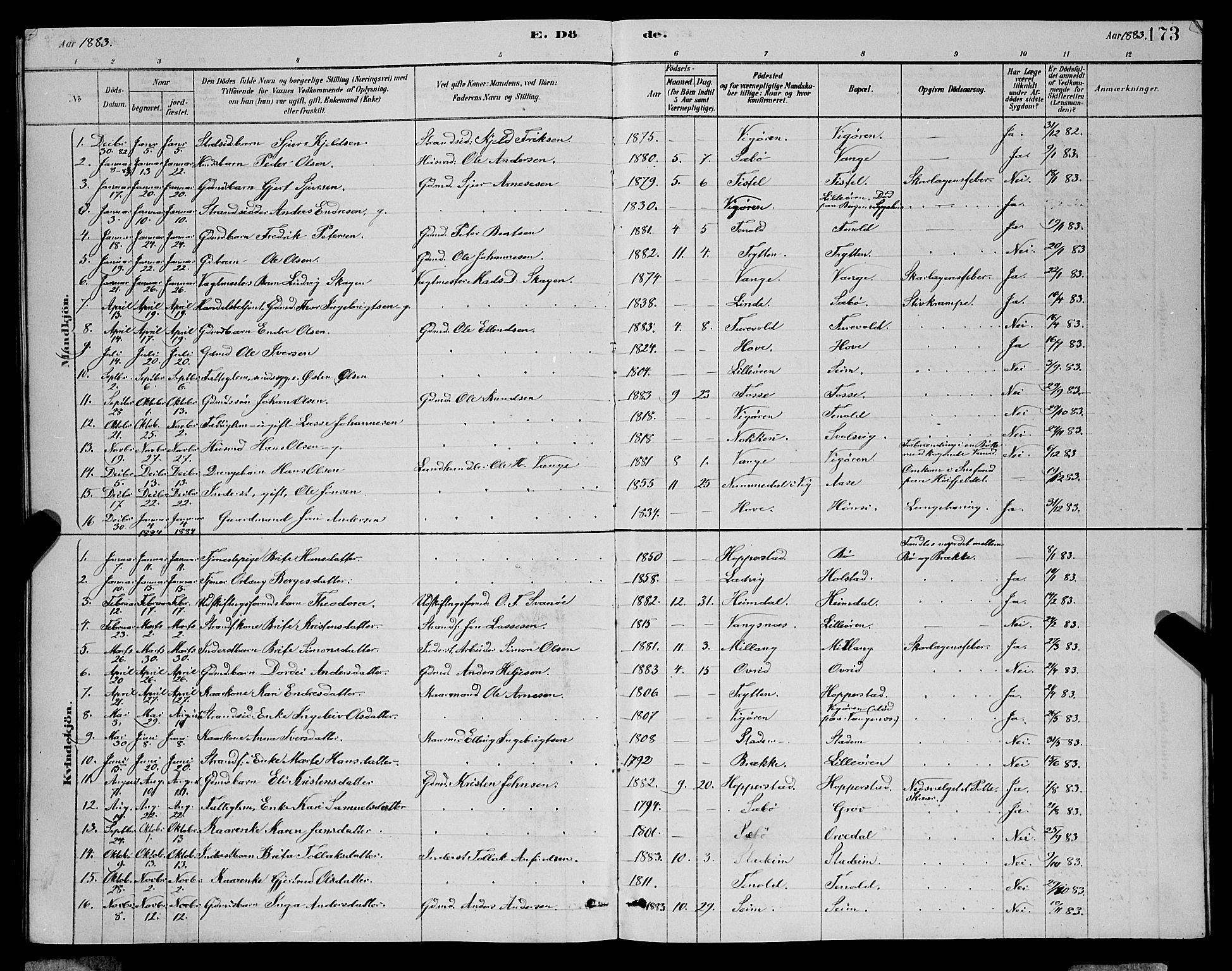 Vik sokneprestembete, SAB/A-81501: Parish register (copy) no. A 3, 1878-1894, p. 173