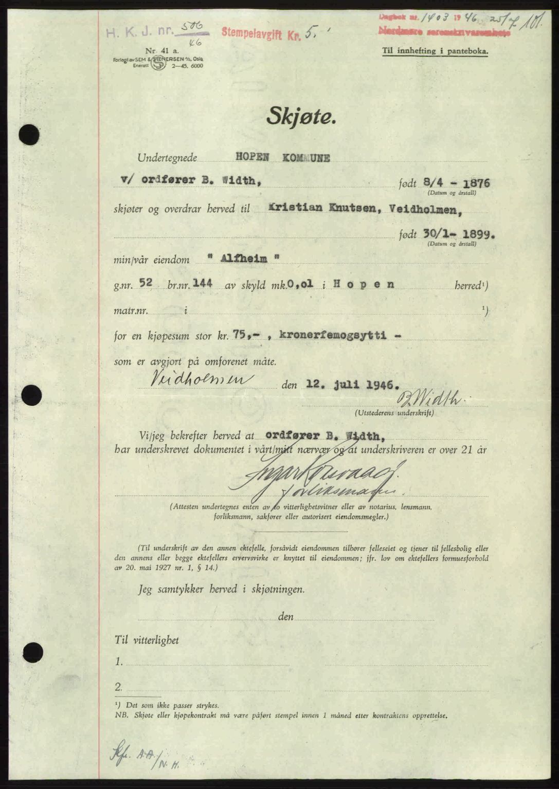 Nordmøre sorenskriveri, AV/SAT-A-4132/1/2/2Ca: Mortgage book no. A102, 1946-1946, Diary no: : 1403/1946