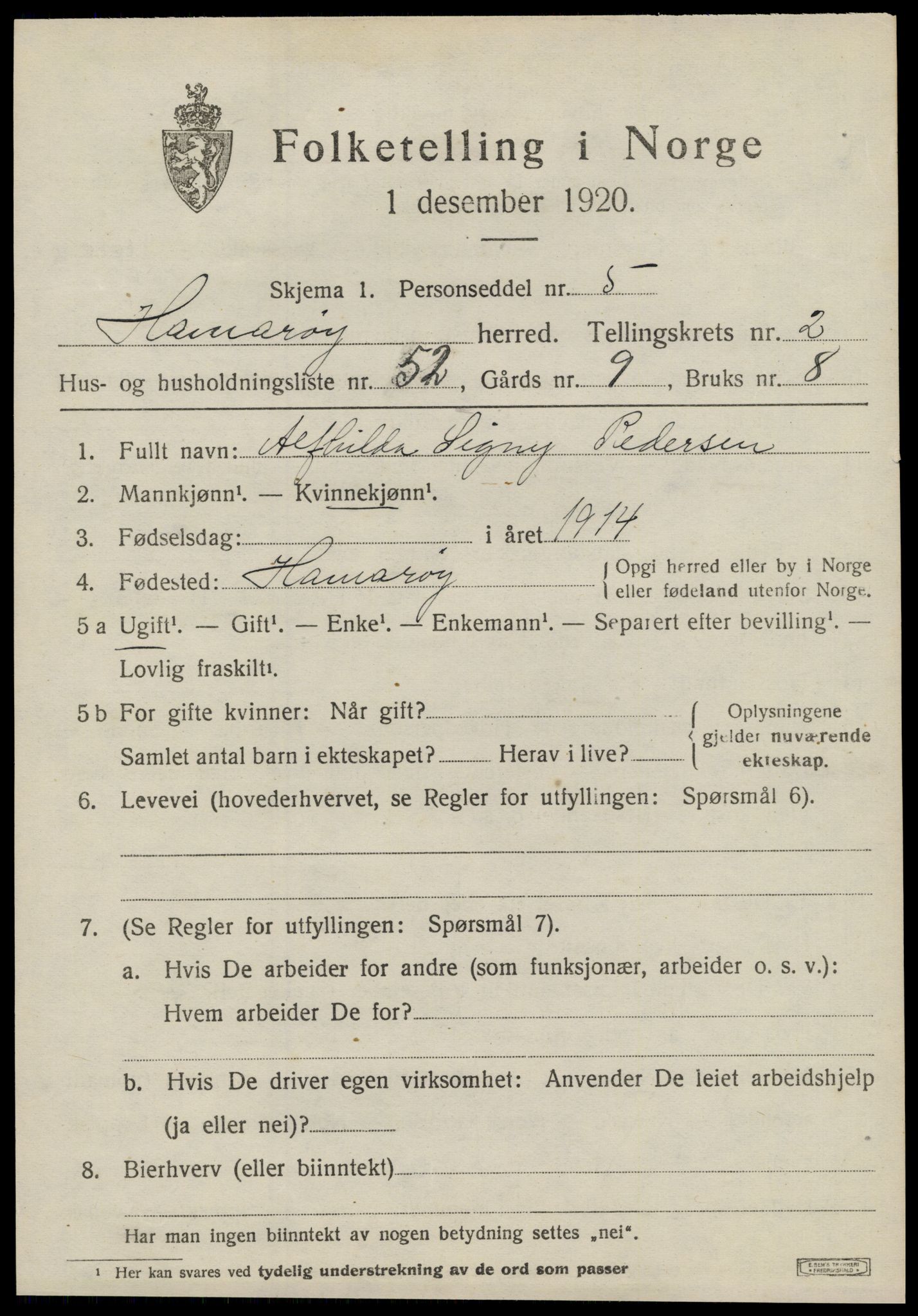 SAT, 1920 census for Hamarøy, 1920, p. 2100