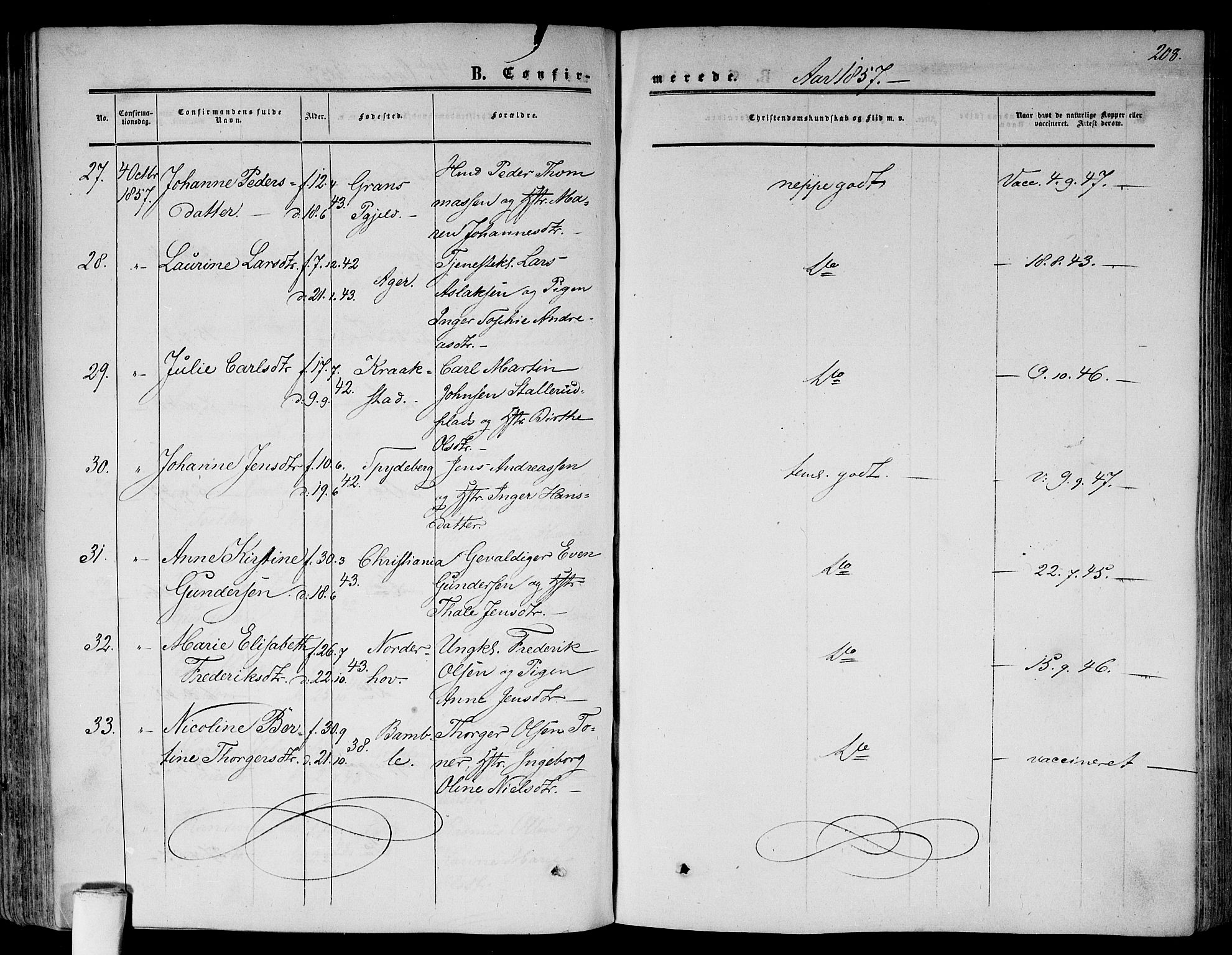 Gamlebyen prestekontor Kirkebøker, AV/SAO-A-10884/F/Fa/L0004: Parish register (official) no. 4, 1850-1857, p. 208