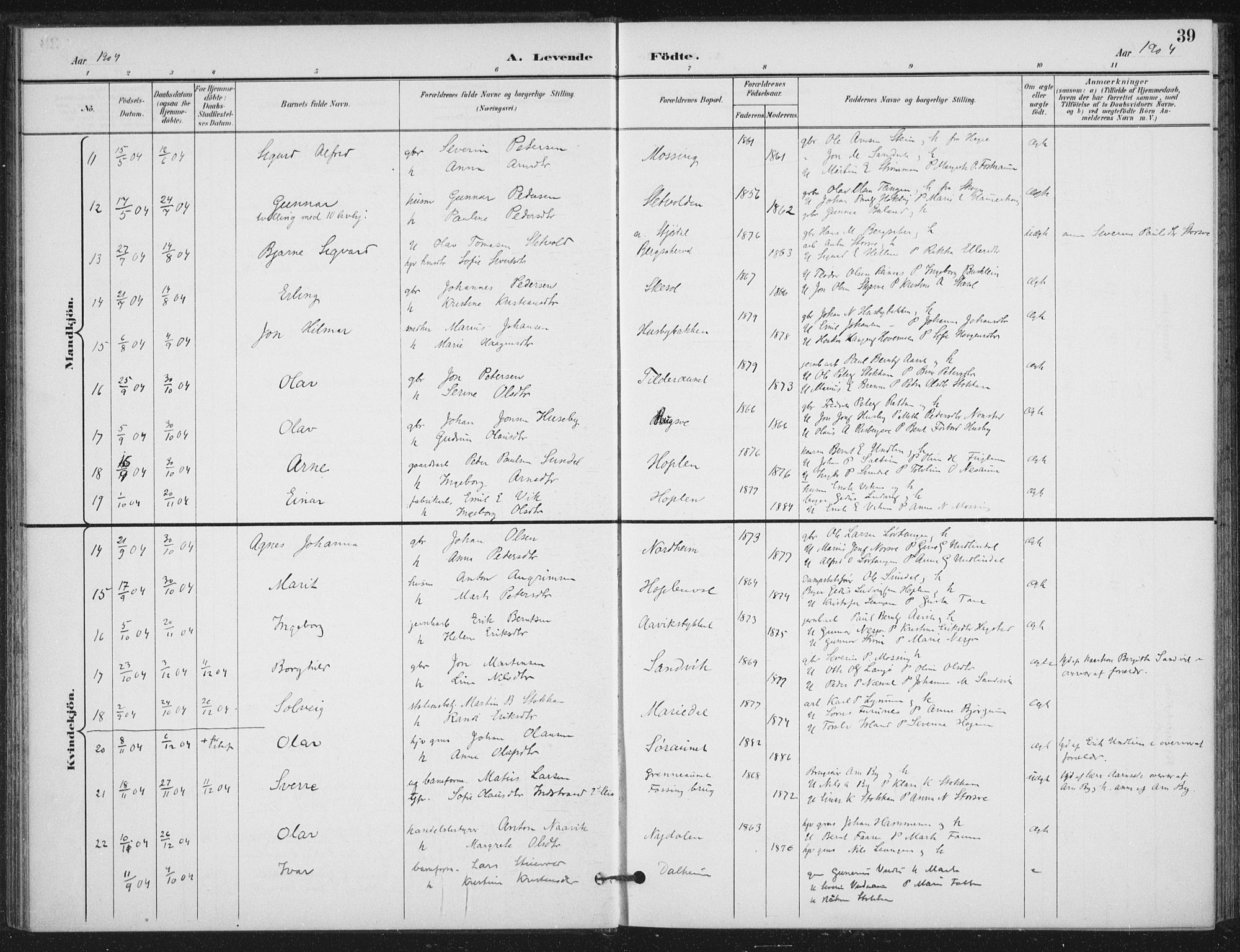 Ministerialprotokoller, klokkerbøker og fødselsregistre - Nord-Trøndelag, AV/SAT-A-1458/714/L0131: Parish register (official) no. 714A02, 1896-1918, p. 39