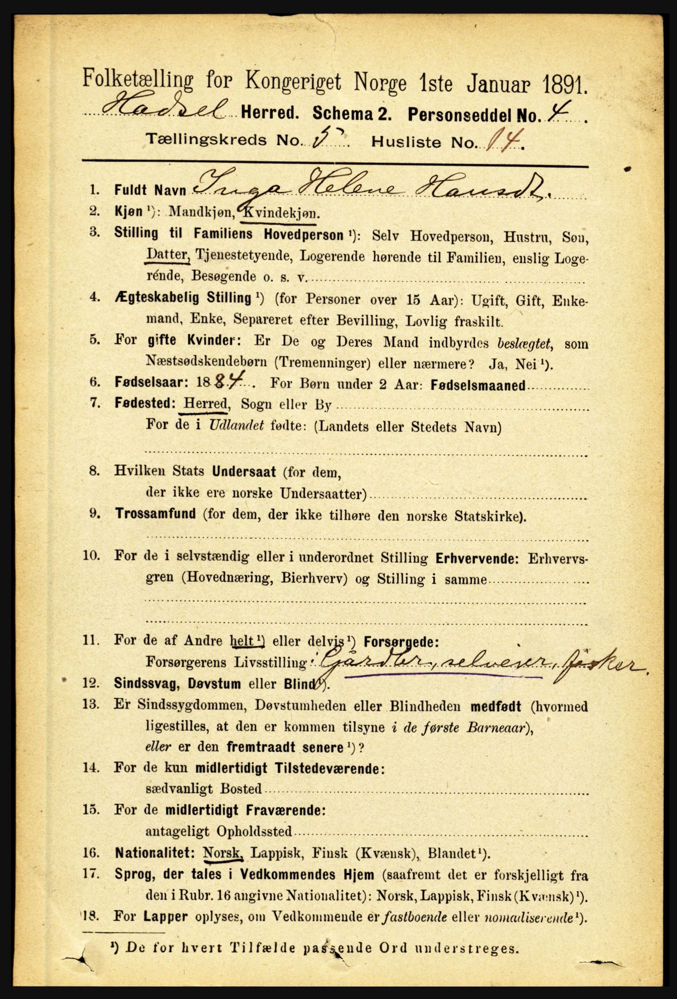 RA, 1891 census for 1866 Hadsel, 1891, p. 2220