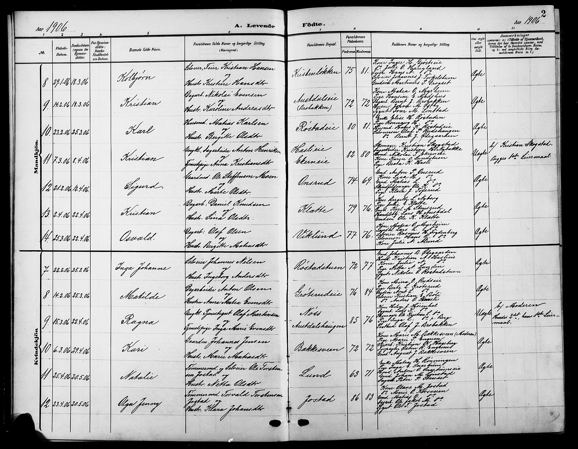 Biri prestekontor, AV/SAH-PREST-096/H/Ha/Hab/L0005: Parish register (copy) no. 5, 1906-1919, p. 2