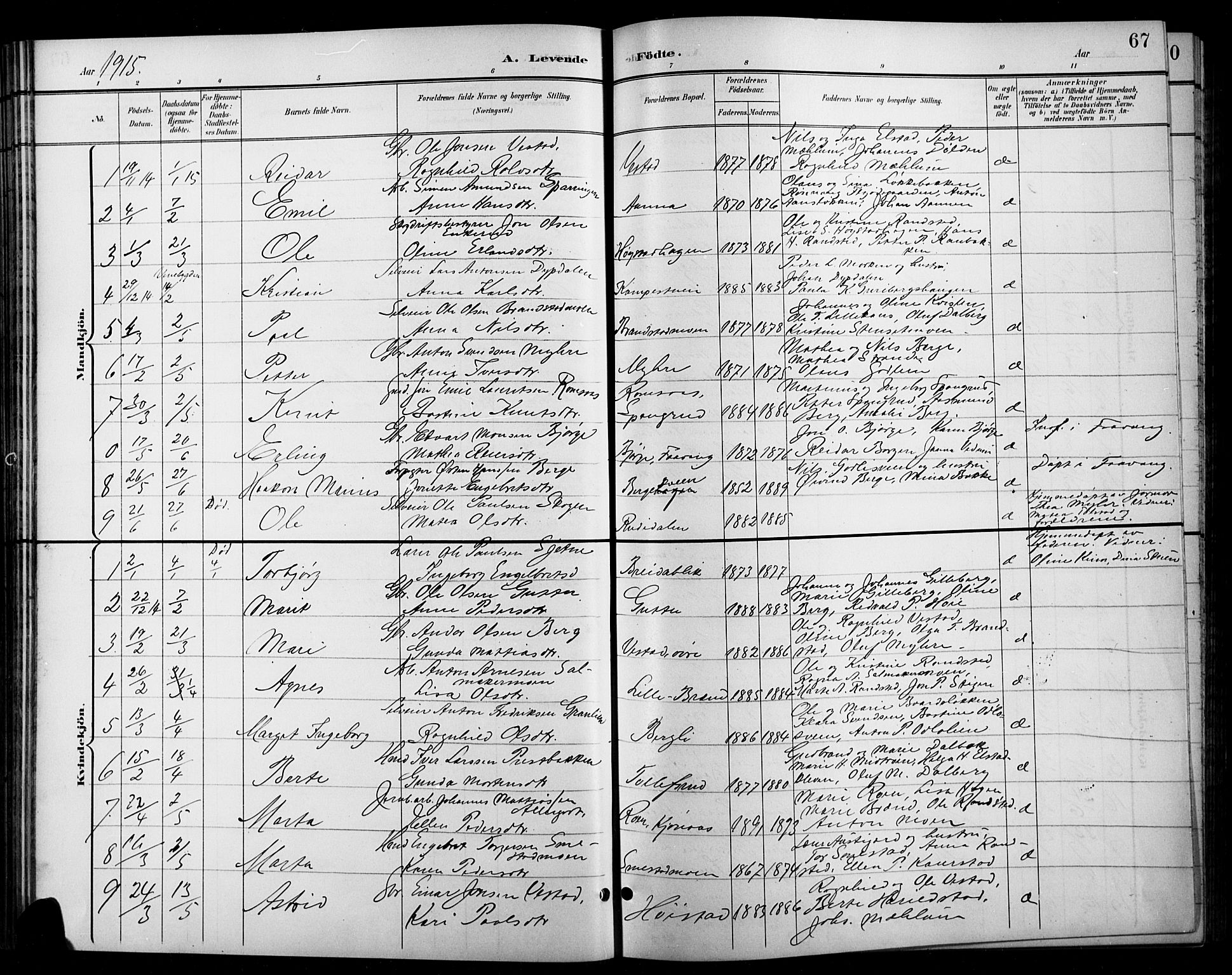 Ringebu prestekontor, AV/SAH-PREST-082/H/Ha/Hab/L0009: Parish register (copy) no. 9, 1899-1921, p. 67