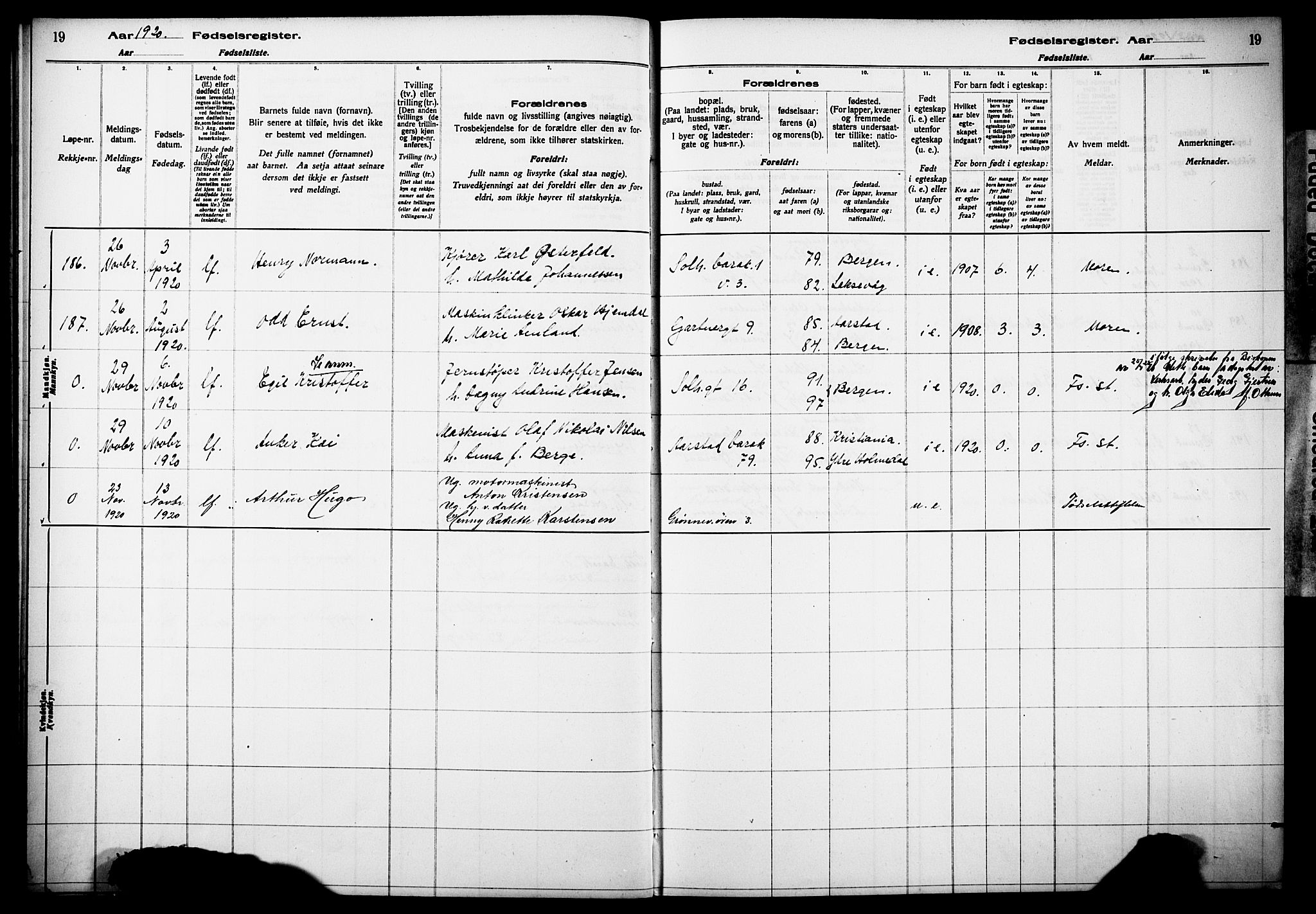 Årstad Sokneprestembete, AV/SAB-A-79301/I/Id/L0A02: Birth register no. A 2, 1920-1924, p. 19