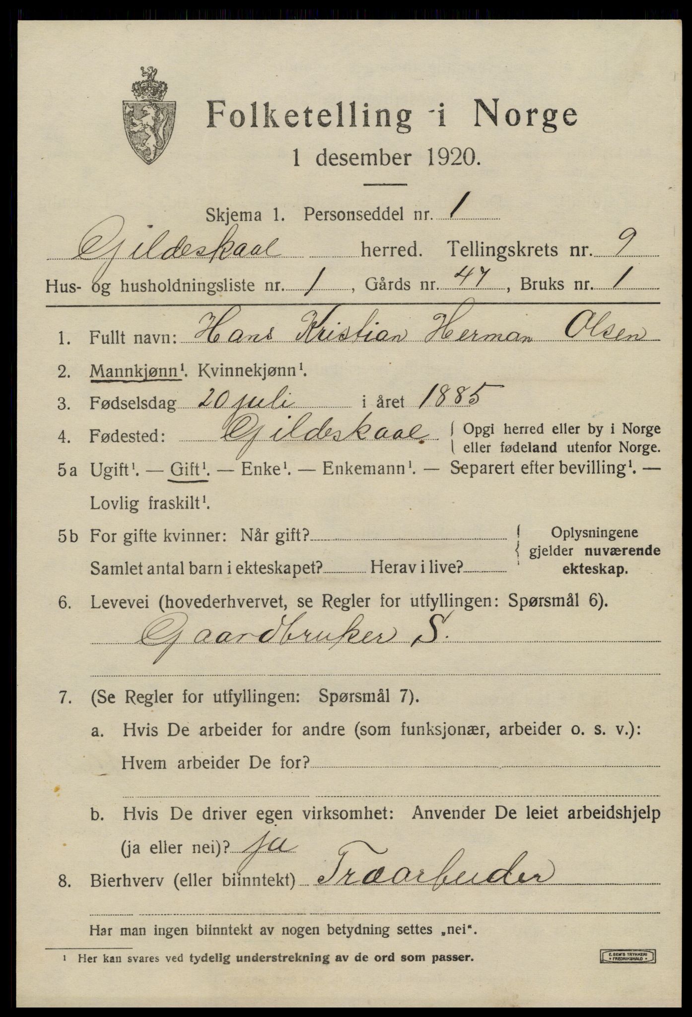 SAT, 1920 census for Gildeskål, 1920, p. 5796