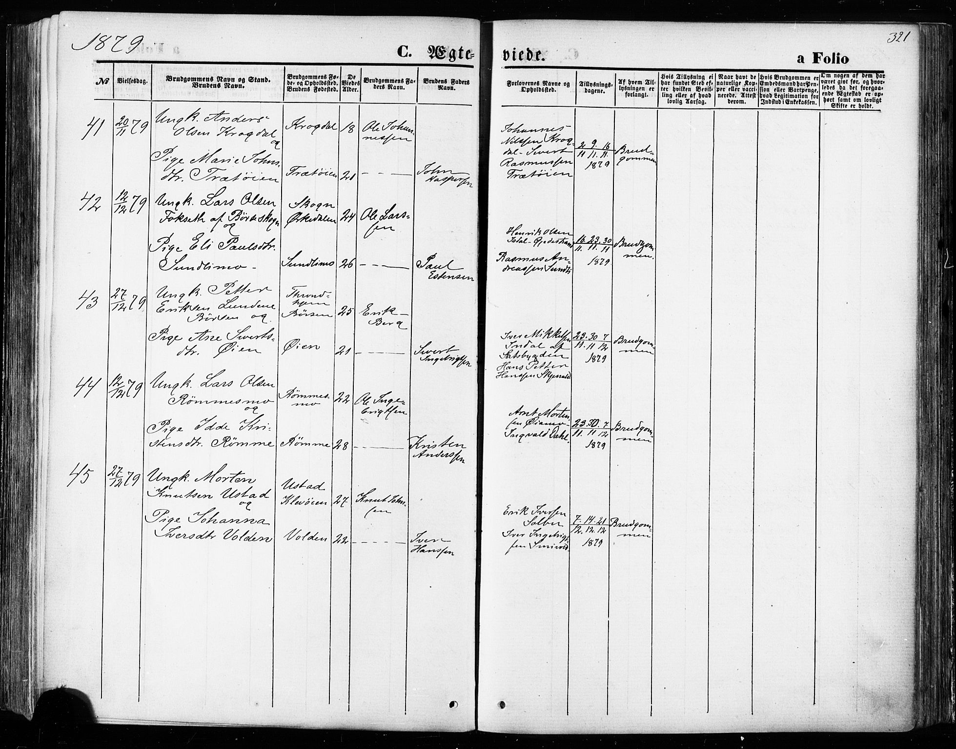 Ministerialprotokoller, klokkerbøker og fødselsregistre - Sør-Trøndelag, SAT/A-1456/668/L0807: Parish register (official) no. 668A07, 1870-1880, p. 321