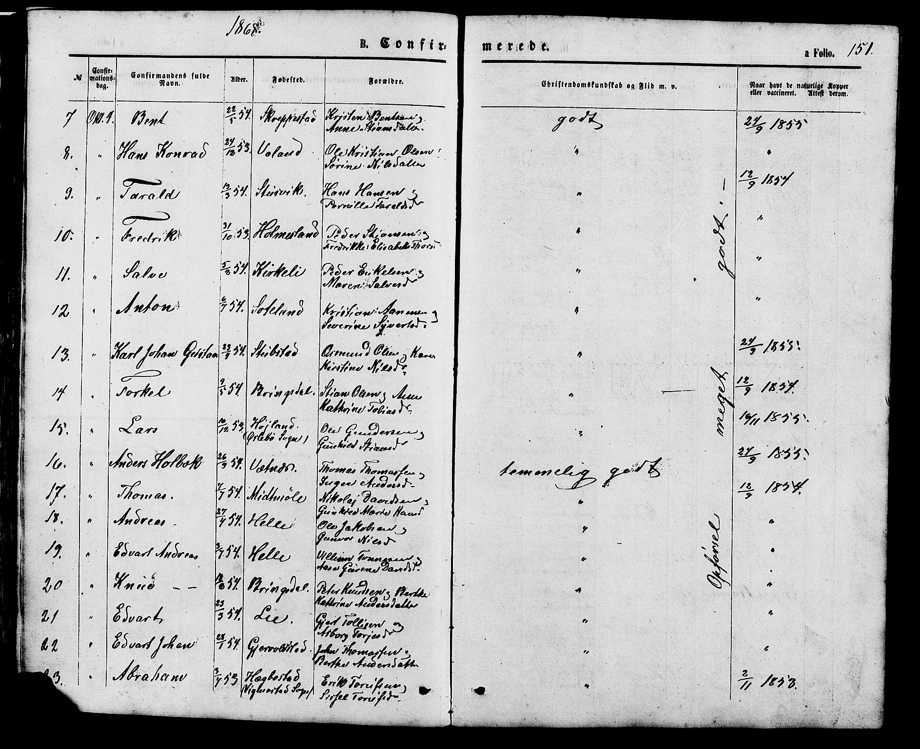 Holum sokneprestkontor, AV/SAK-1111-0022/F/Fb/Fba/L0004: Parish register (copy) no. B 4, 1867-1890, p. 151