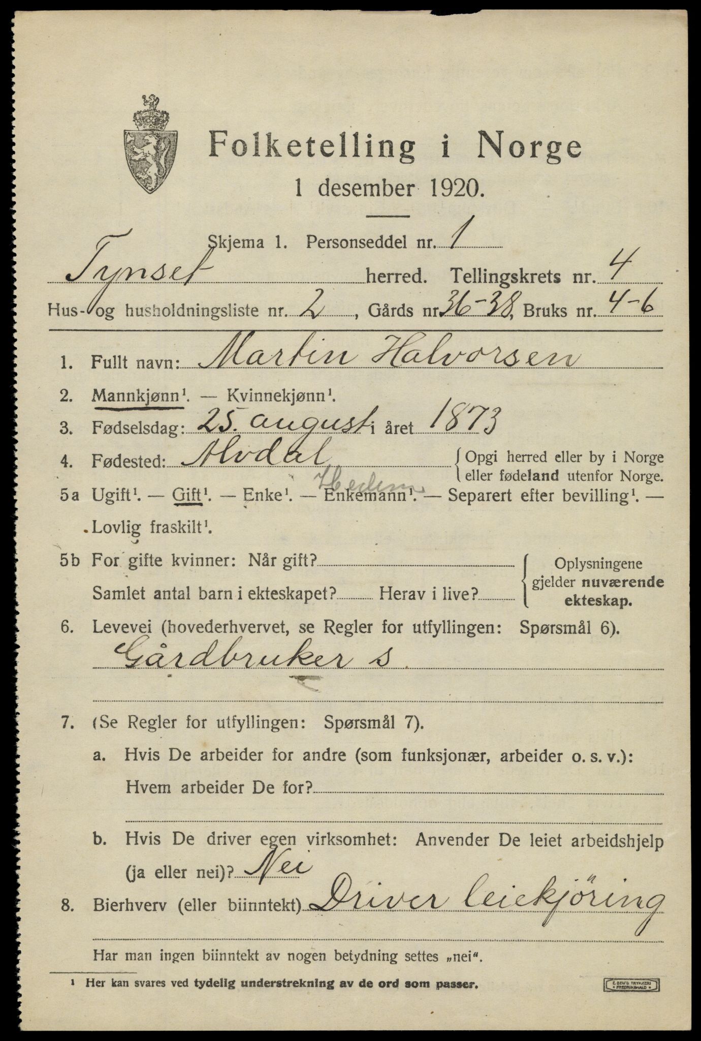 SAH, 1920 census for Tynset, 1920, p. 3186