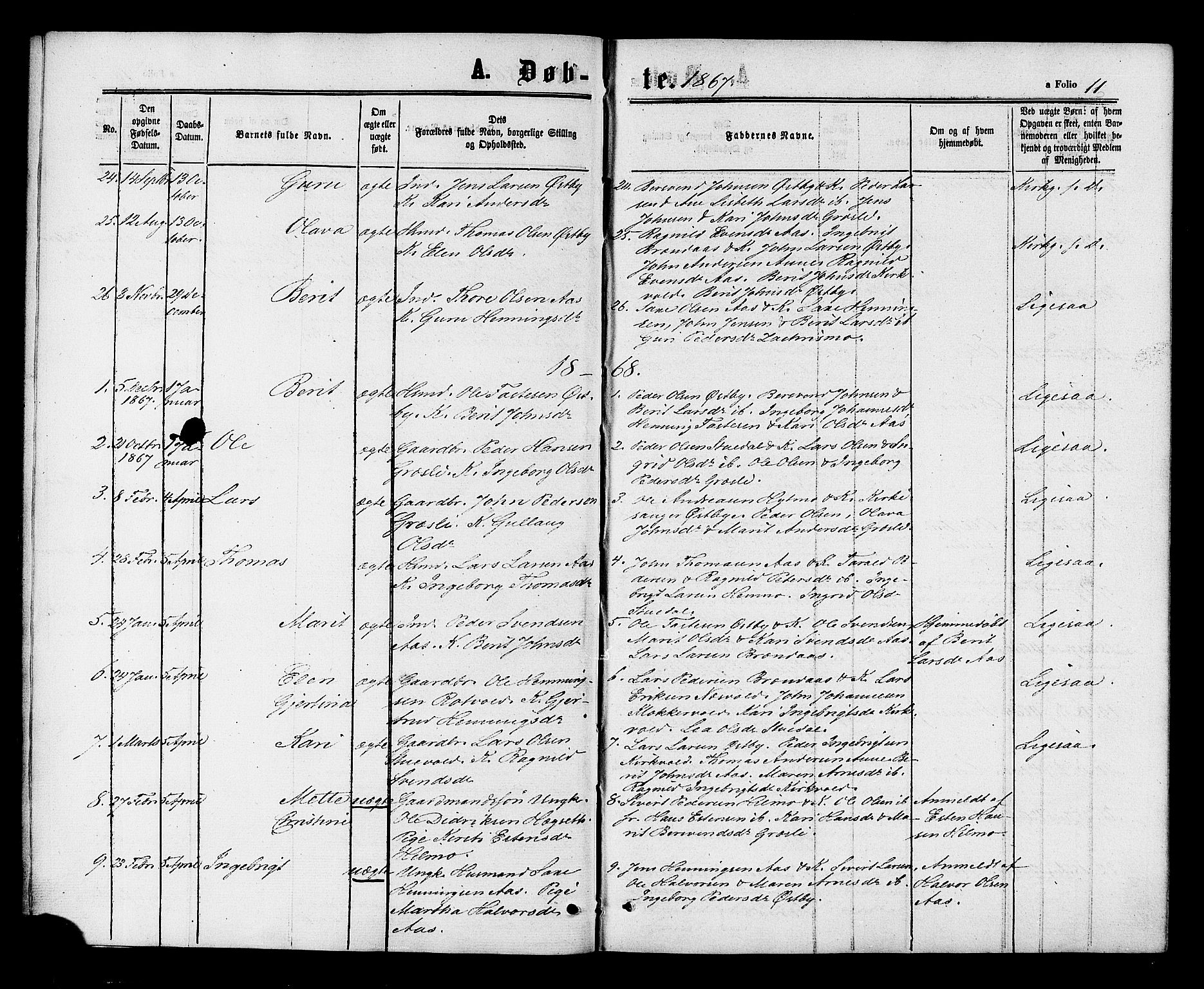 Ministerialprotokoller, klokkerbøker og fødselsregistre - Sør-Trøndelag, SAT/A-1456/698/L1163: Parish register (official) no. 698A01, 1862-1887, p. 11