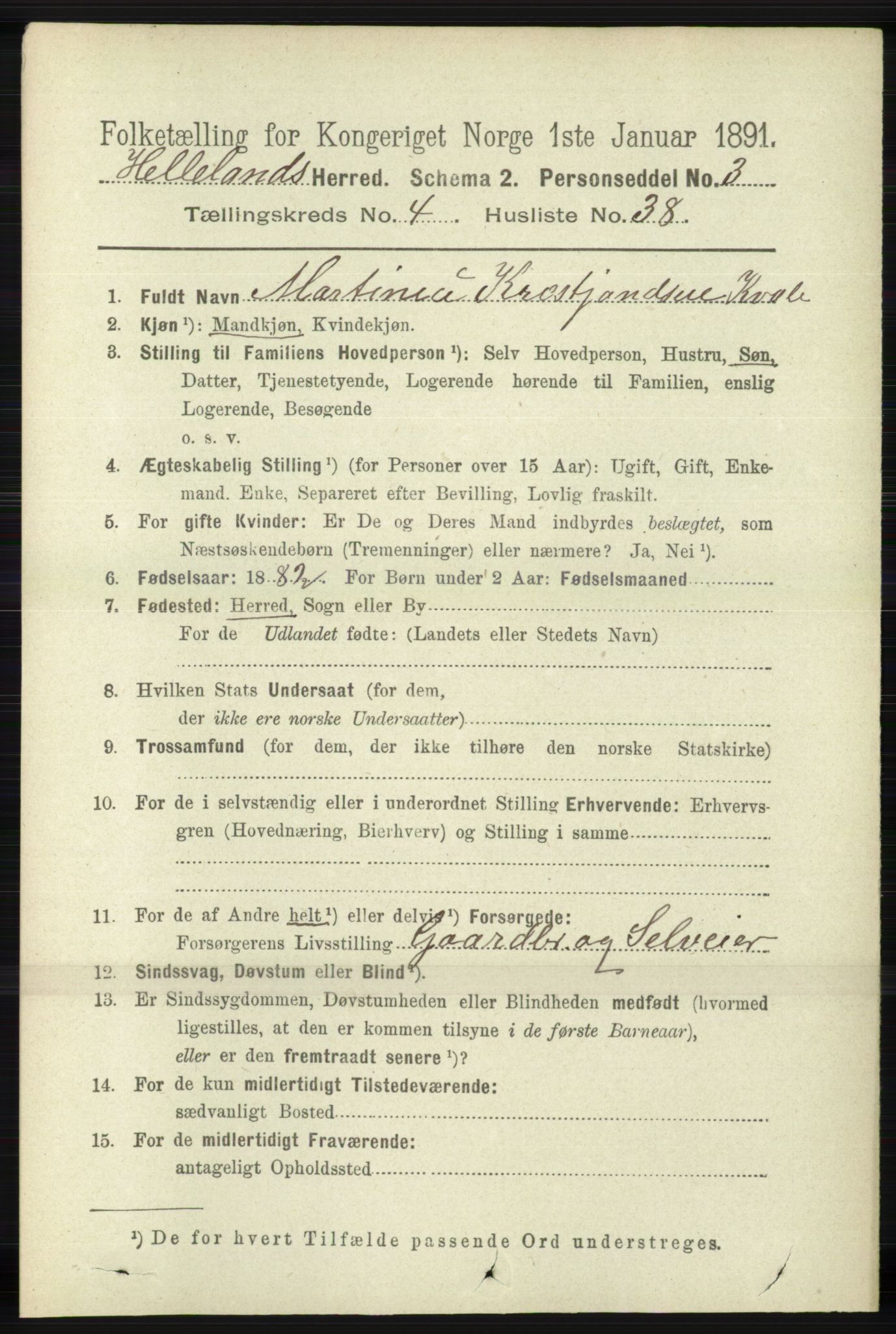 RA, 1891 census for 1115 Helleland, 1891, p. 1403