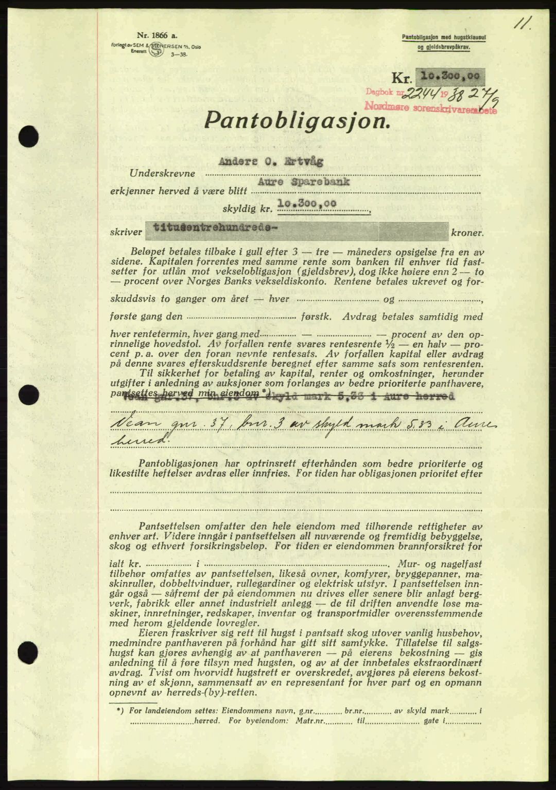 Nordmøre sorenskriveri, AV/SAT-A-4132/1/2/2Ca: Mortgage book no. B84, 1938-1939, Diary no: : 2244/1938