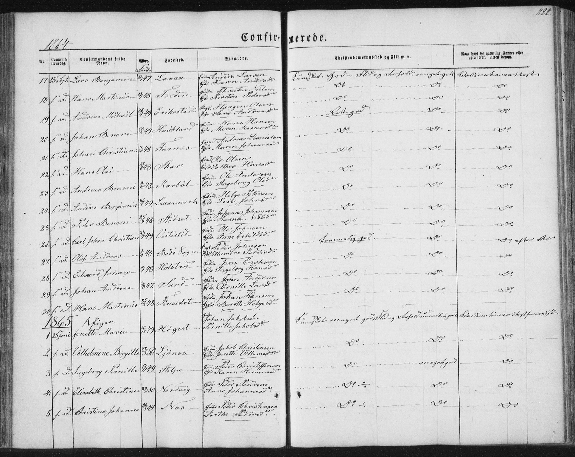 Ministerialprotokoller, klokkerbøker og fødselsregistre - Nordland, AV/SAT-A-1459/852/L0738: Parish register (official) no. 852A08, 1849-1865, p. 222