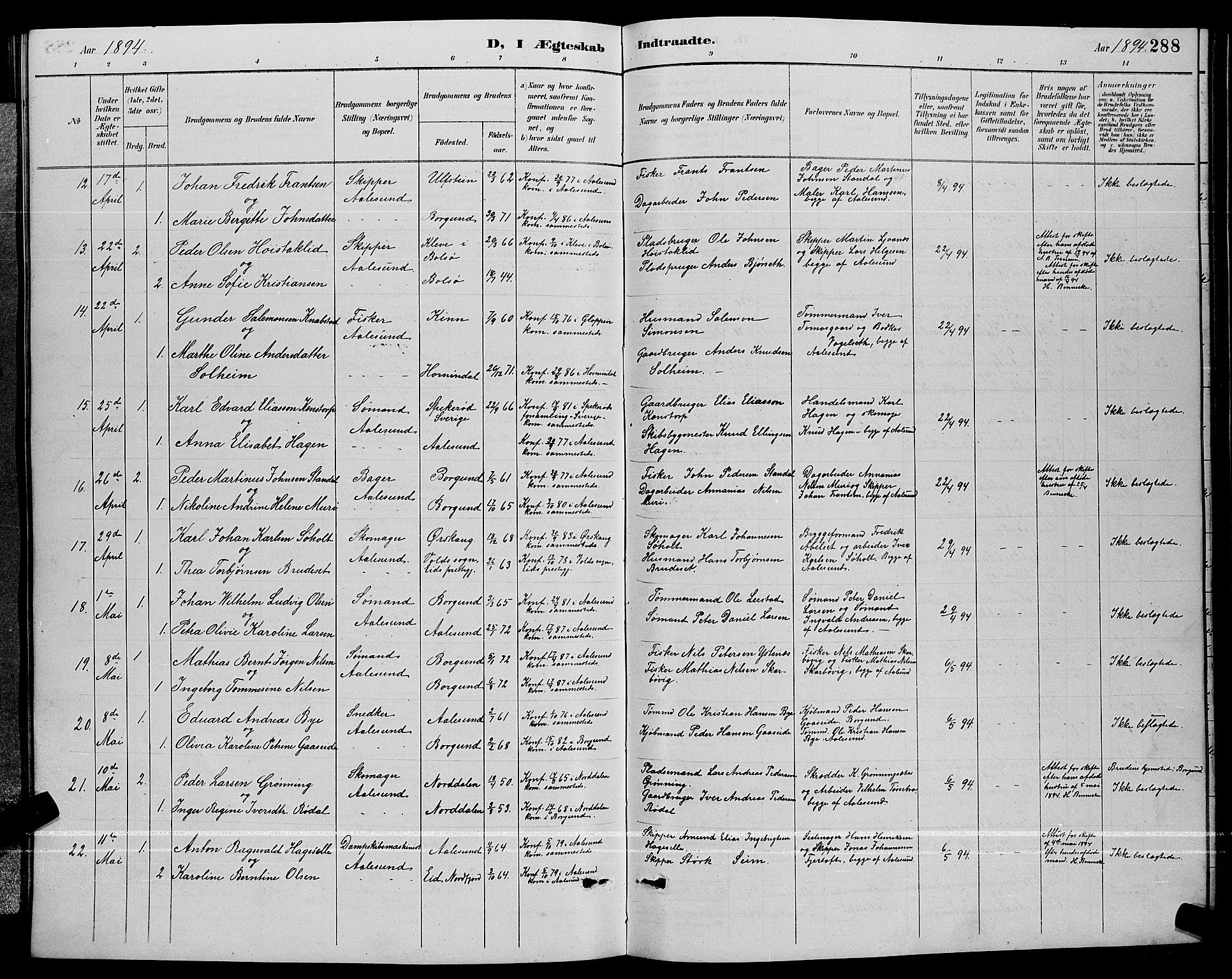 Ministerialprotokoller, klokkerbøker og fødselsregistre - Møre og Romsdal, AV/SAT-A-1454/529/L0467: Parish register (copy) no. 529C04, 1889-1897, p. 288